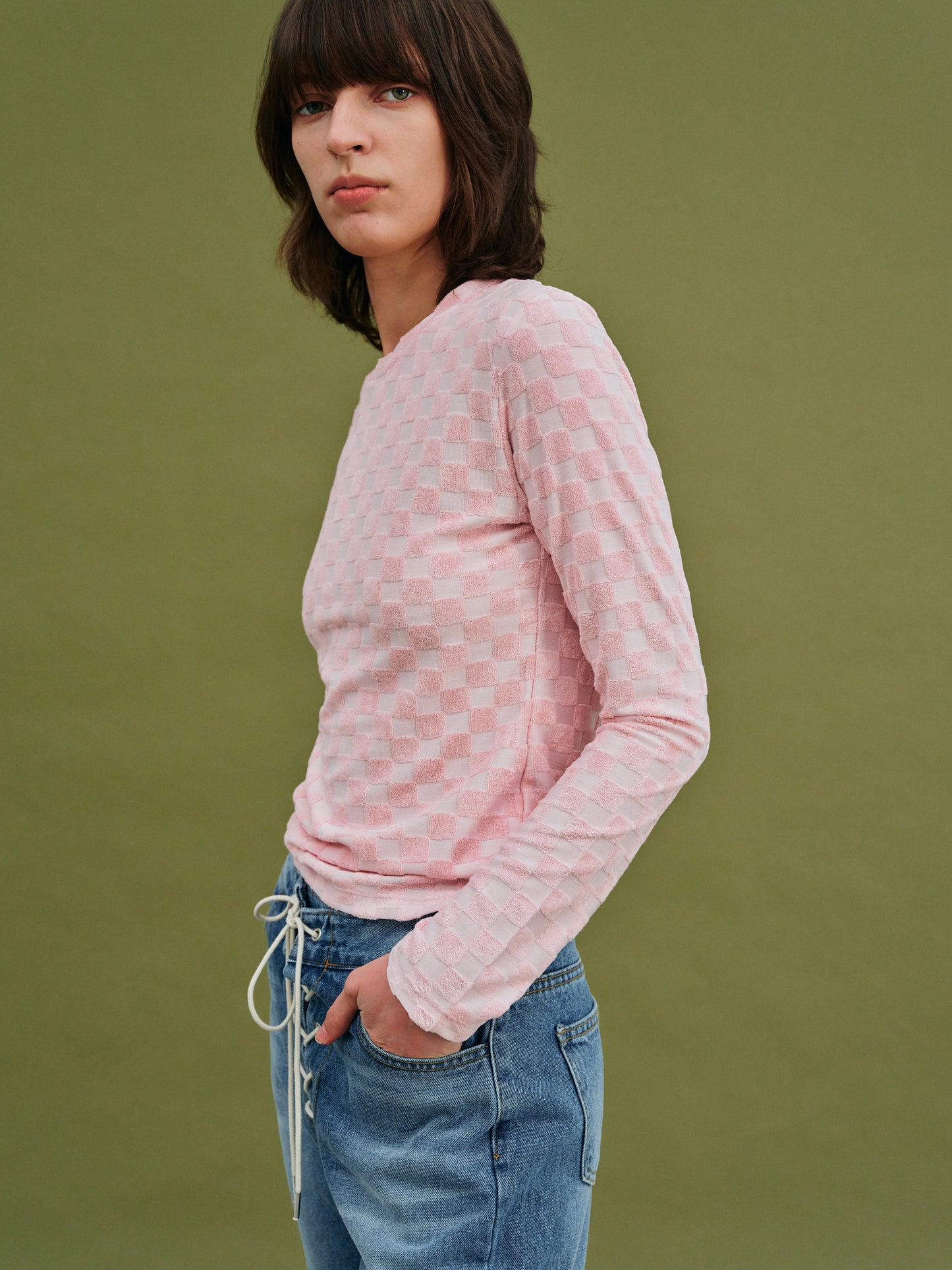 Checkerboard Terry Cotton Top, Baby Pink