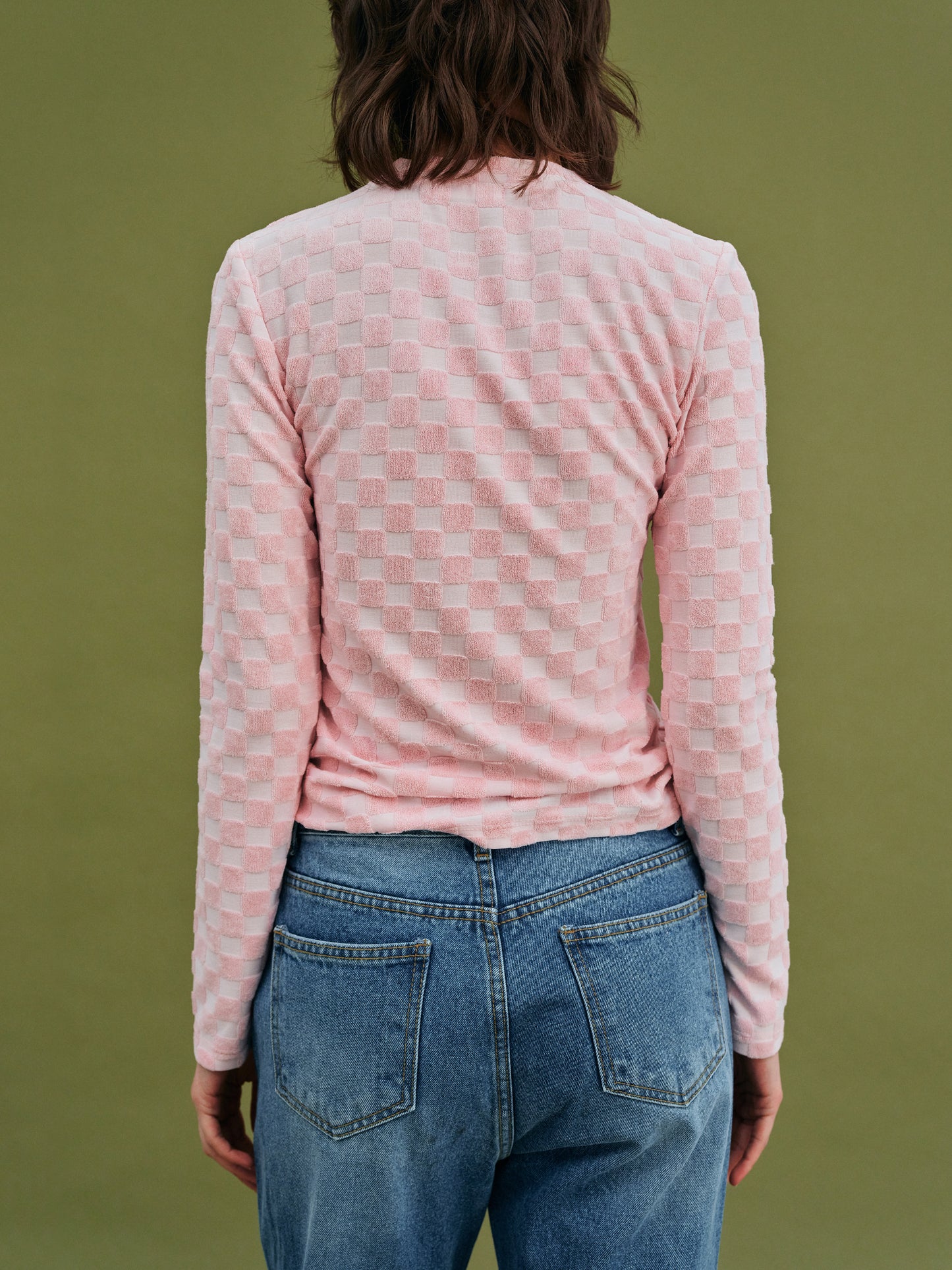 Checkerboard Terry Cotton Top, Baby Pink