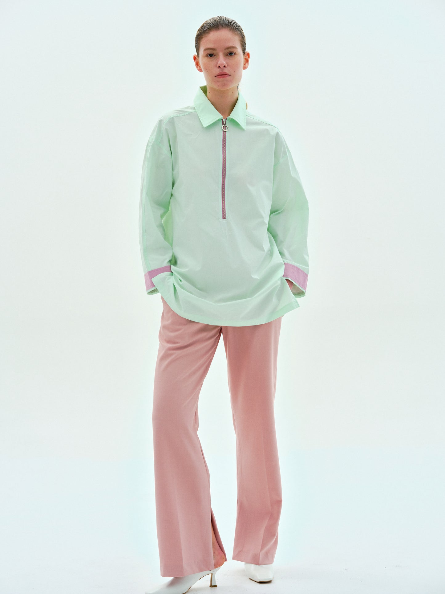 Quarter Zip Cotton Shirt, Spring Mint