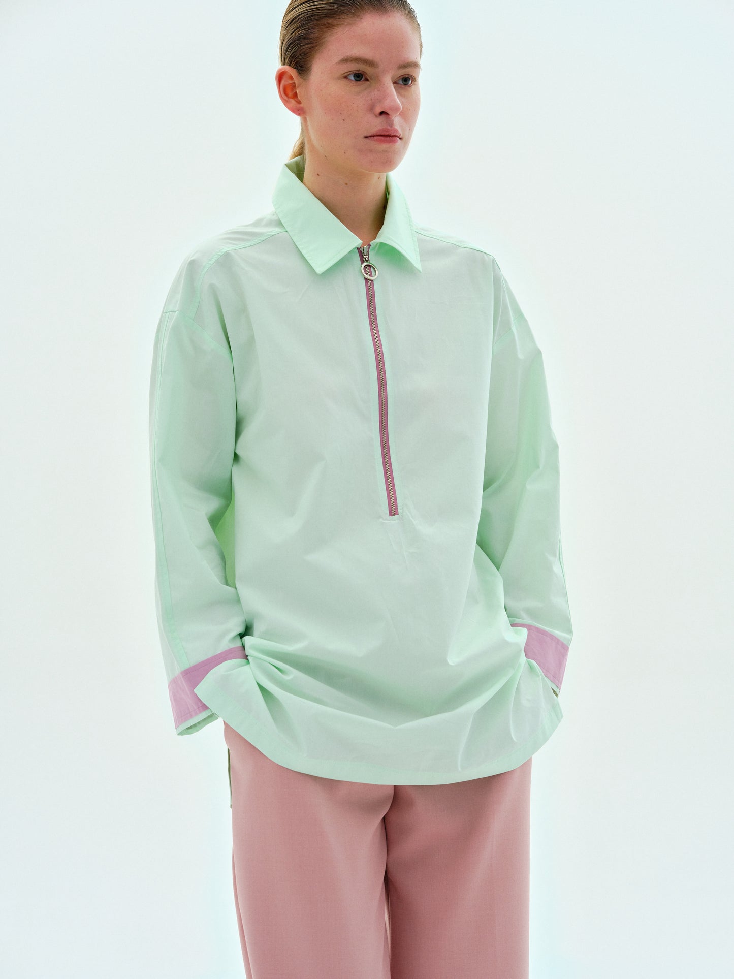 Quarter Zip Cotton Shirt, Spring Mint