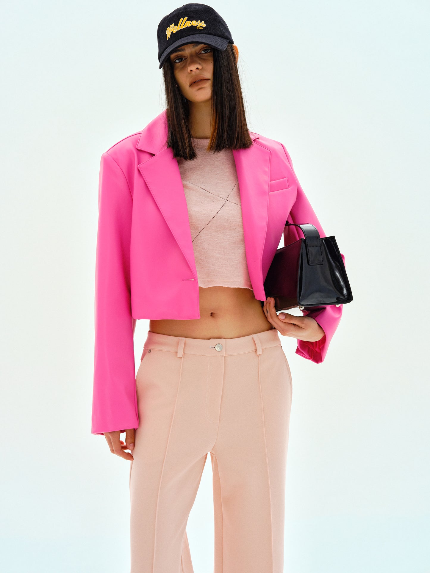 Crop Faux Leather Blazer, Neon Pink