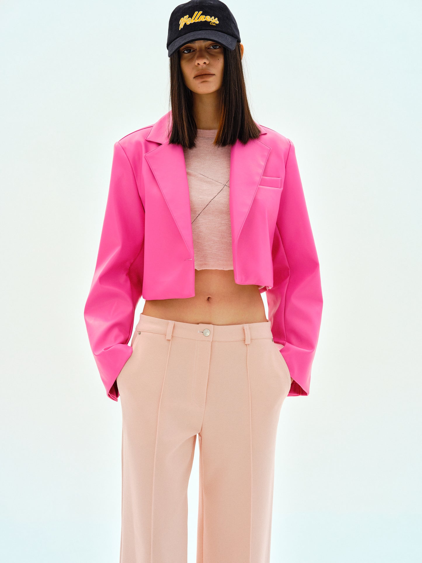 Crop Faux Leather Blazer, Neon Pink