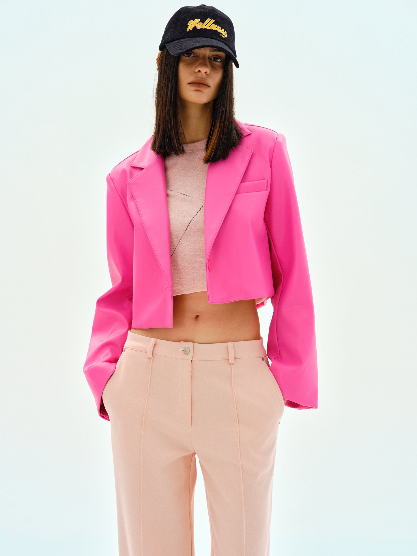 Crop Faux Leather Blazer, Neon Pink
