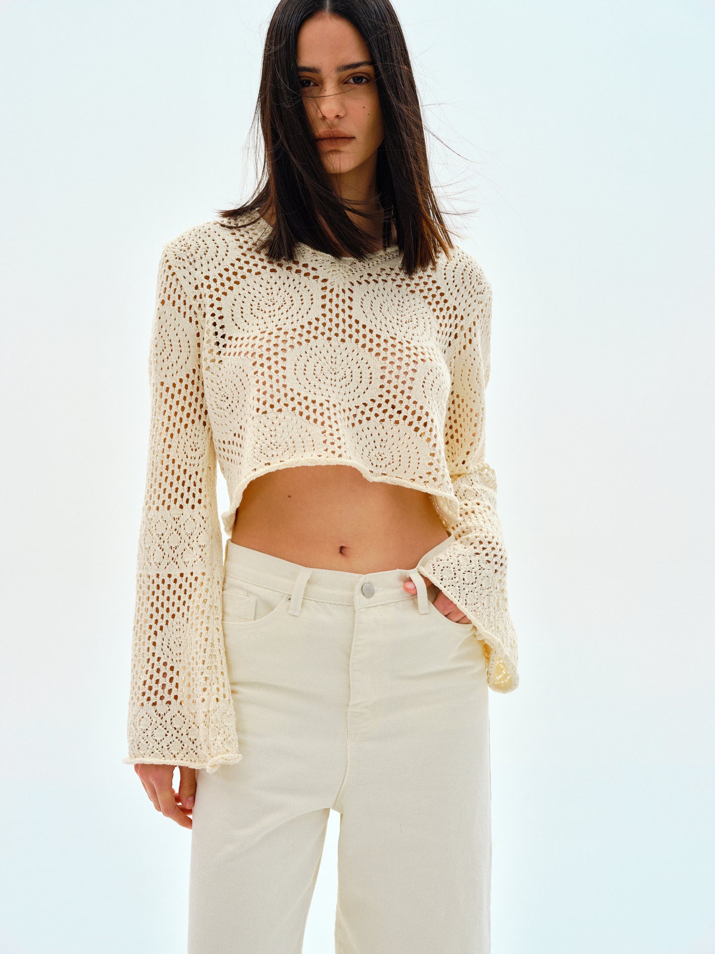 Crochet Knit Top, Cream