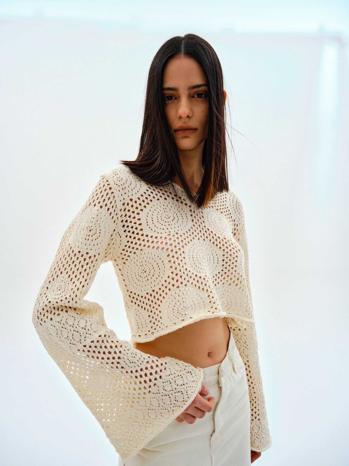 Crochet Knit Top, Cream