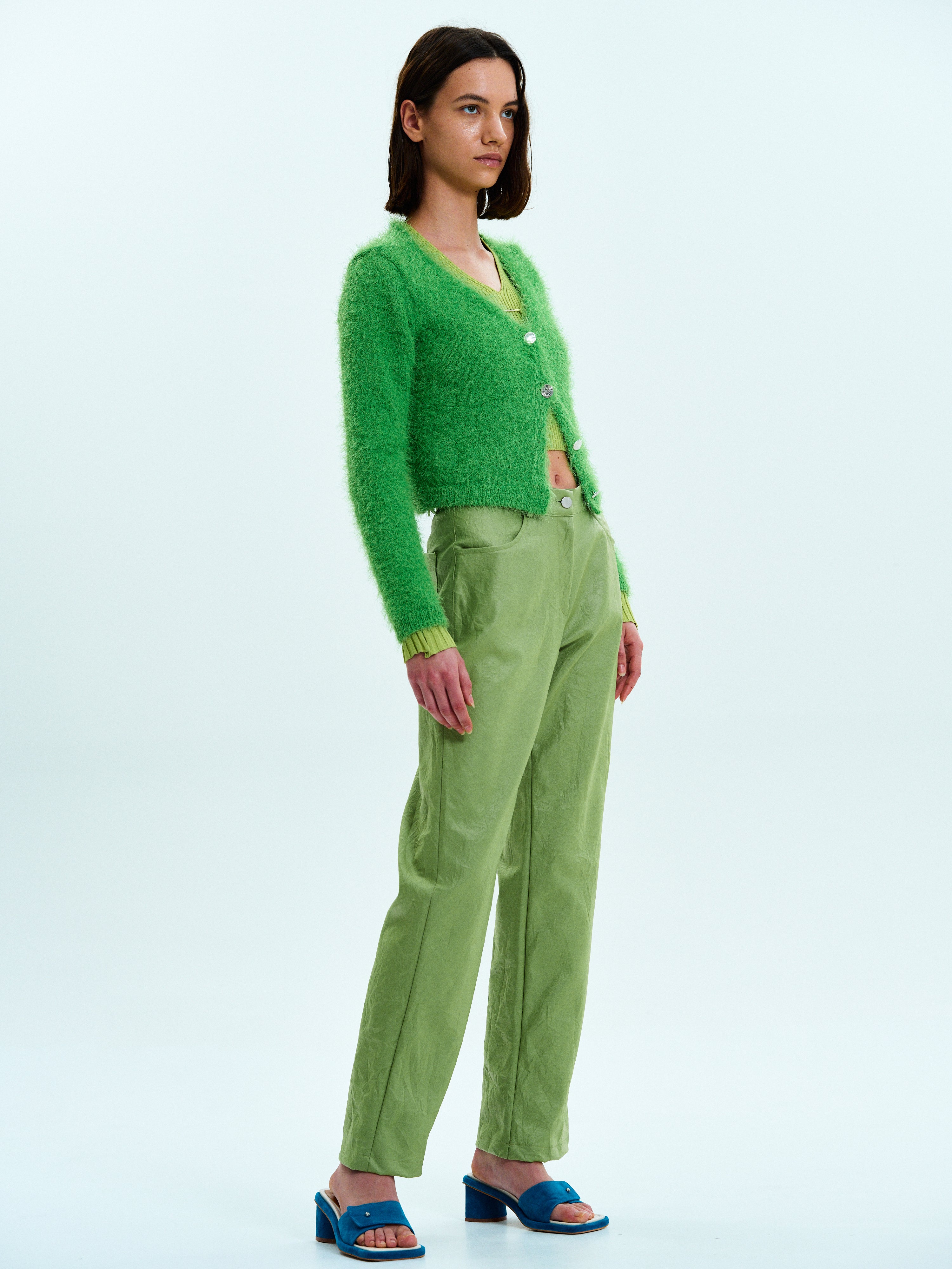 yourmle shaggy knit cardigan green-