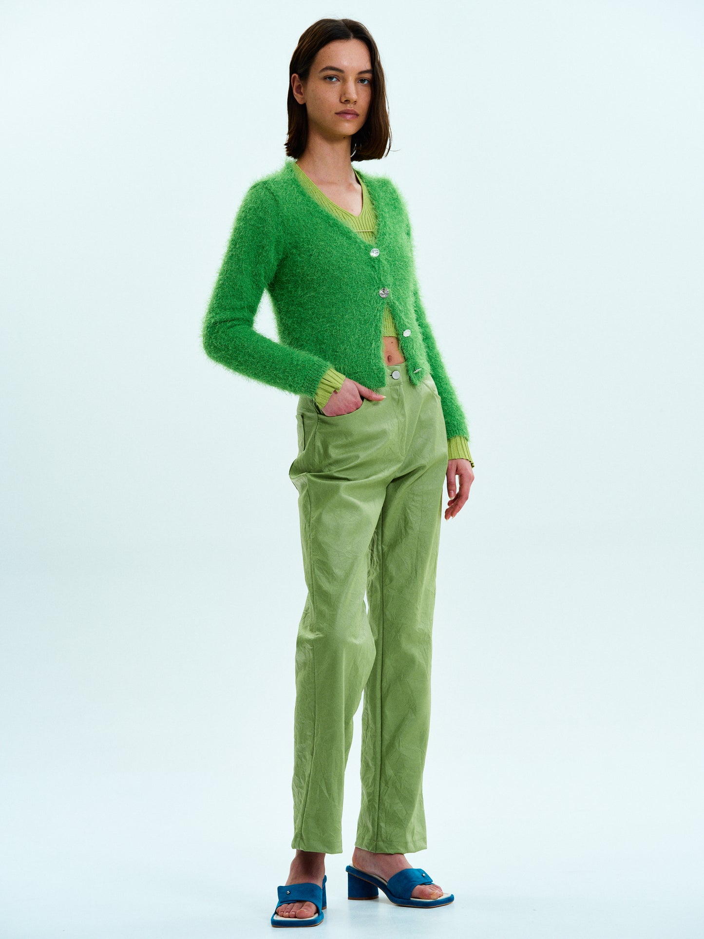 Crinkled Faux-Leather Pants, Broccoli