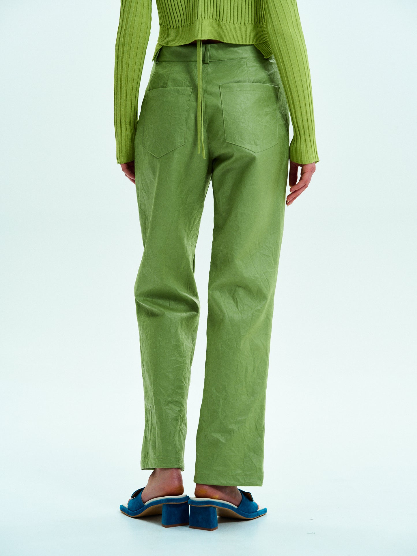Crinkled Faux-Leather Pants, Broccoli