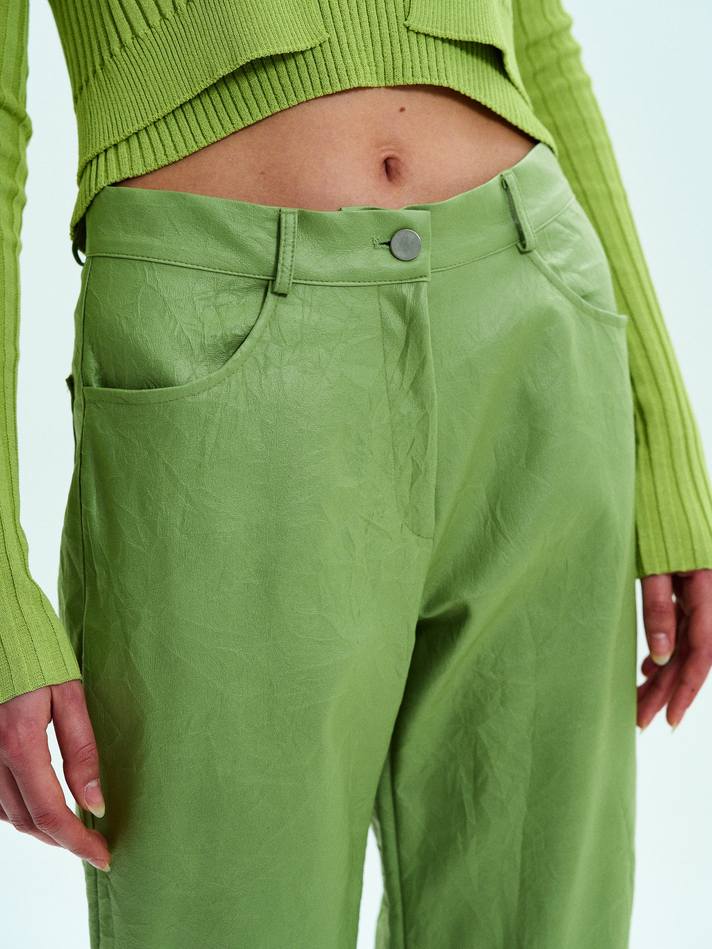 Crinkled Faux-Leather Pants, Broccoli