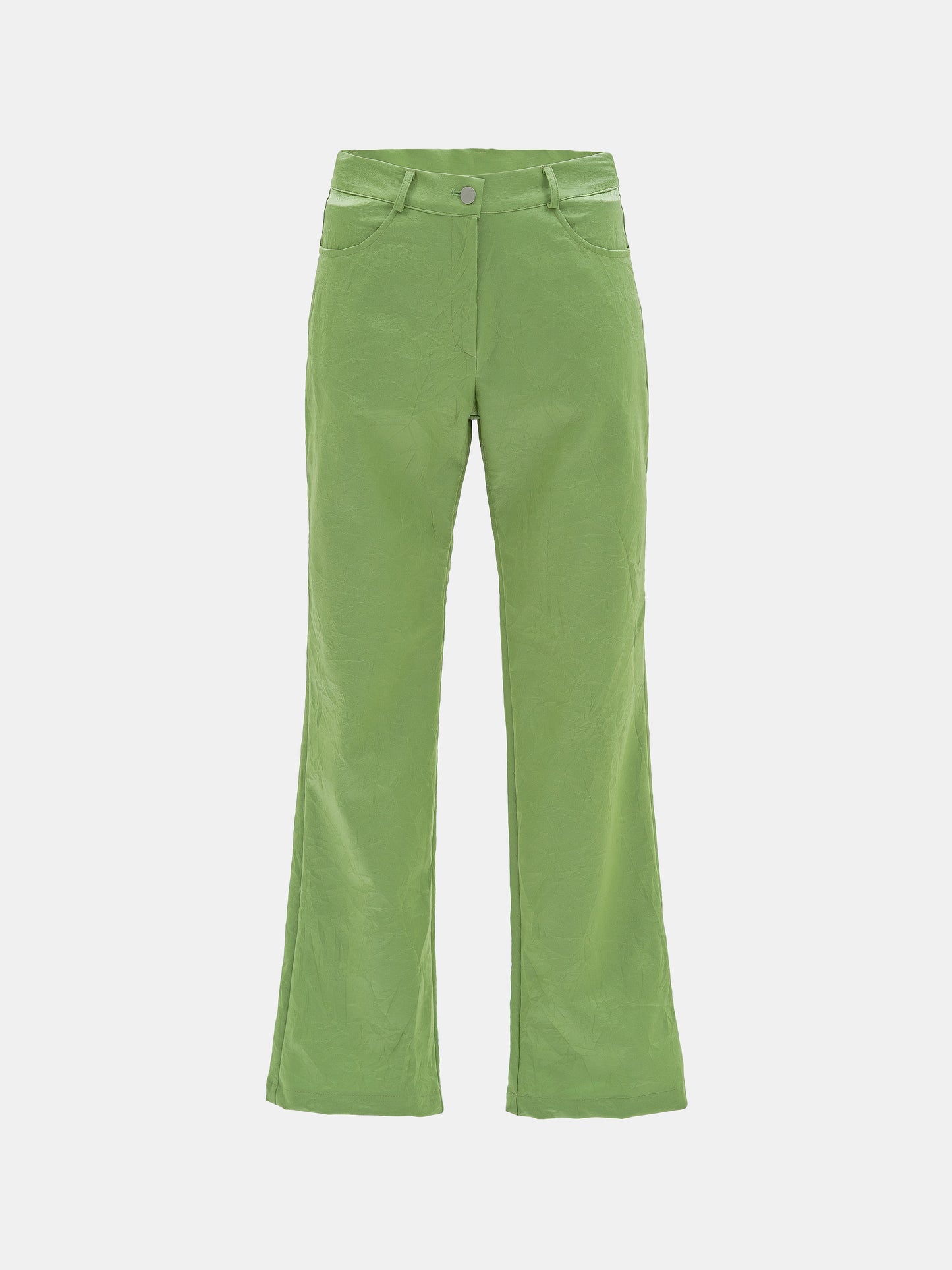 Crinkled Faux-Leather Pants, Broccoli