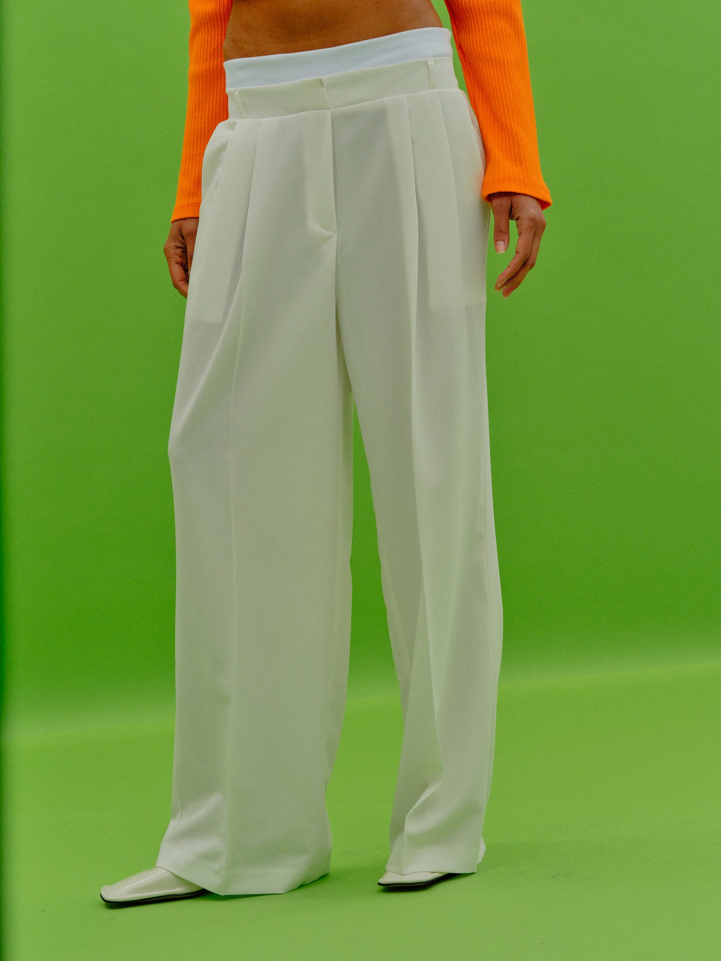Double-Waistband Trousers, Cream