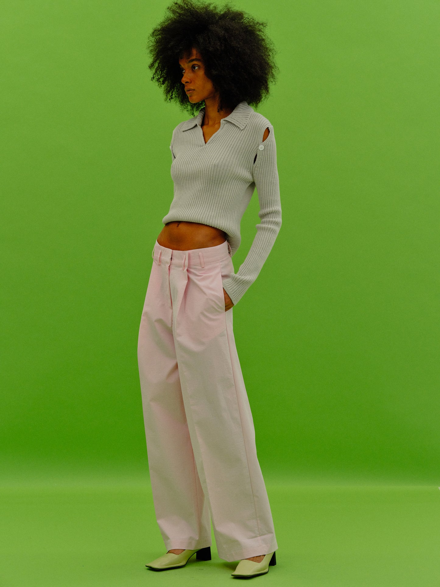 Straight Folded Waistband Trousers, Baby Pink