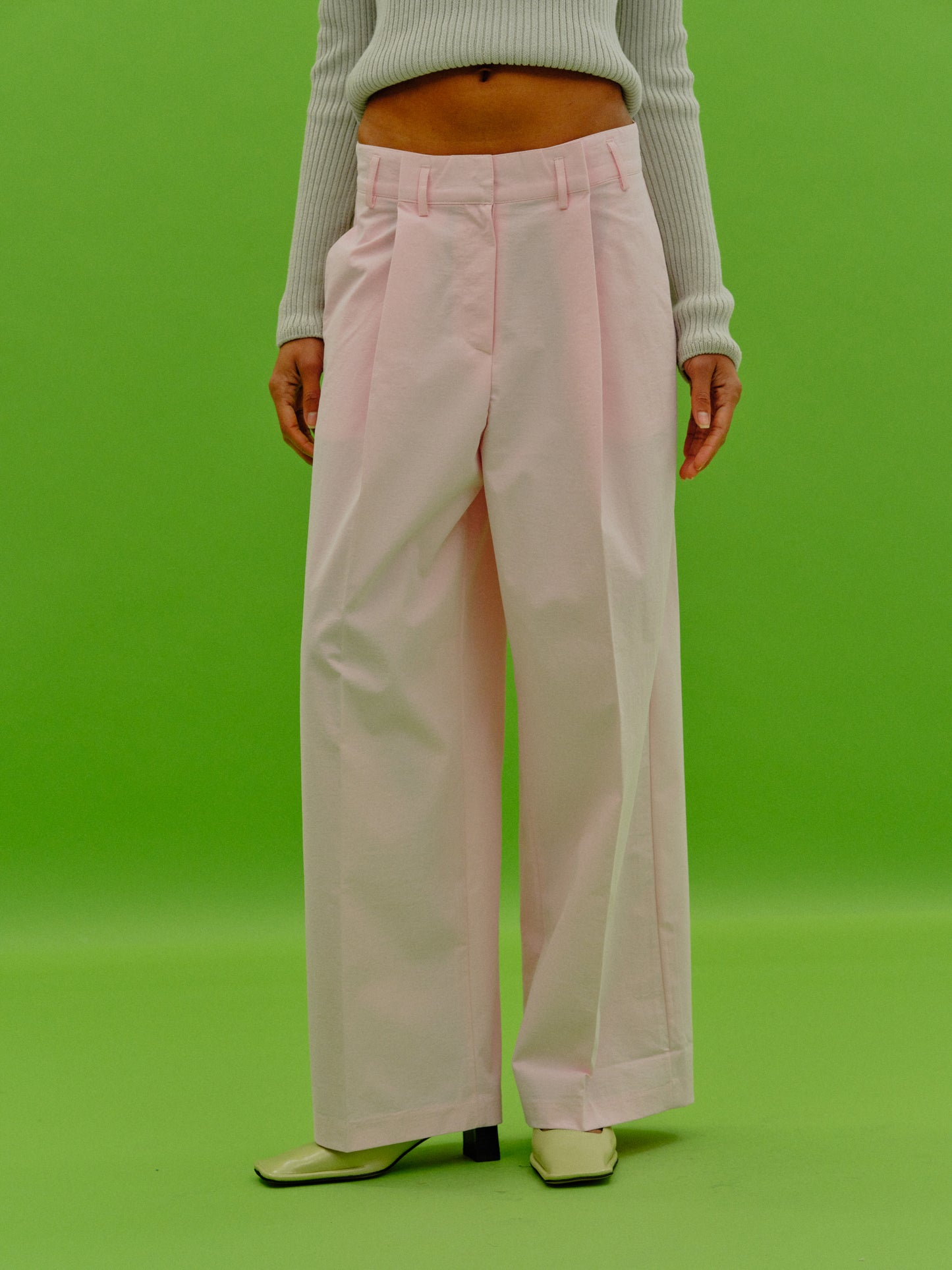 Straight Folded Waistband Trousers, Baby Pink