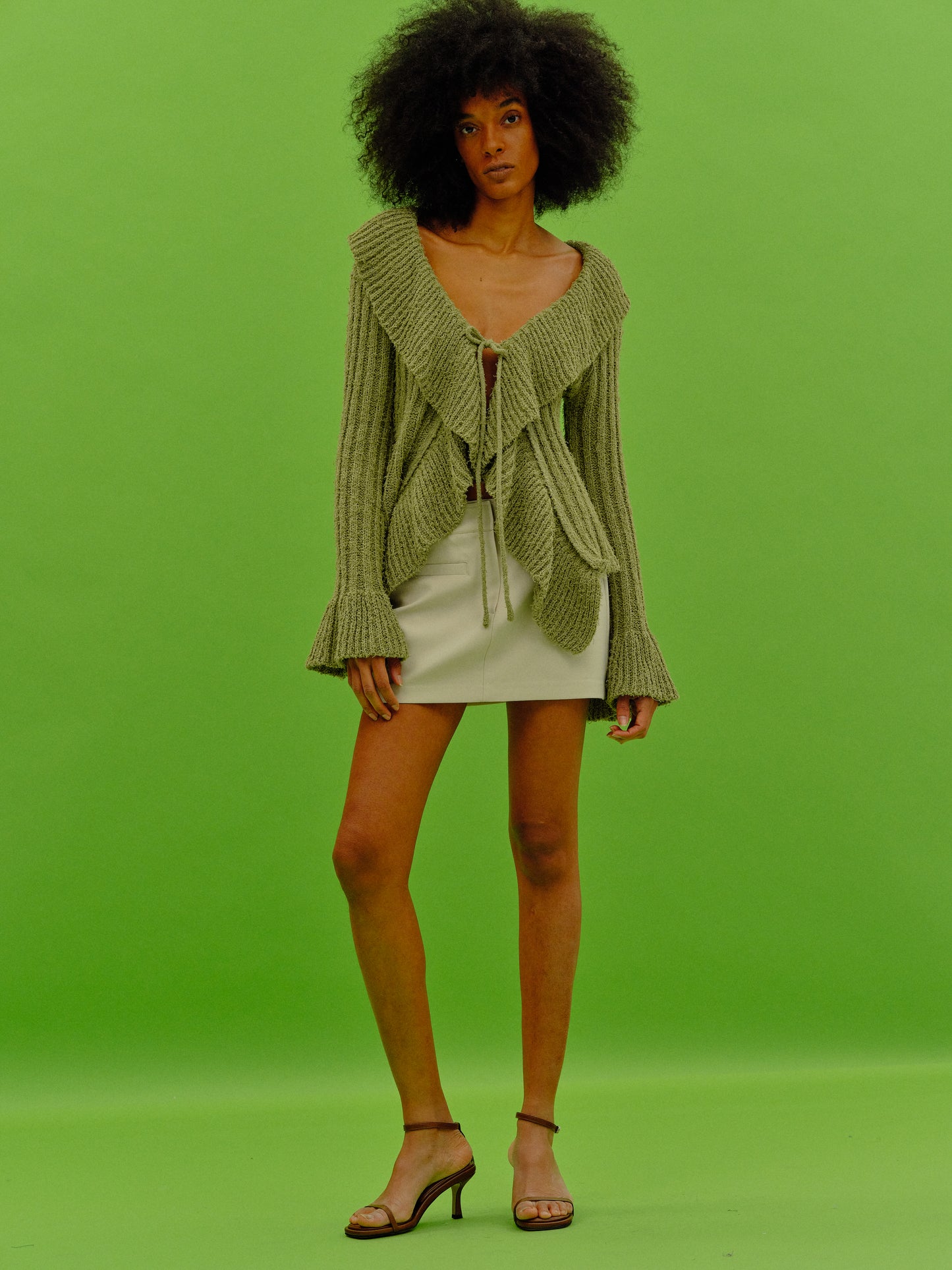 Ruffle Open Knit Cardigan, Olive