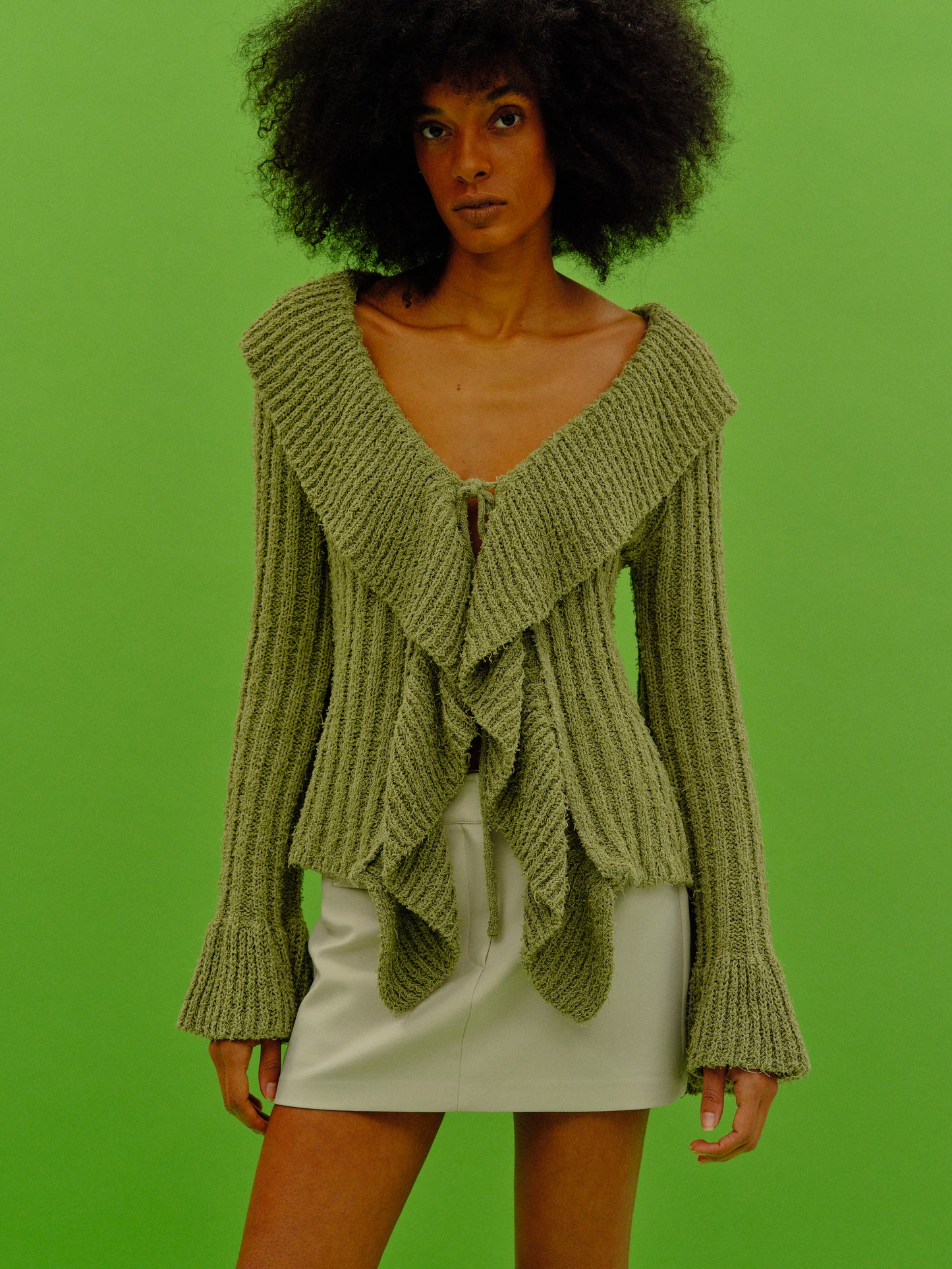 Ruffle Open Knit Cardigan, Olive