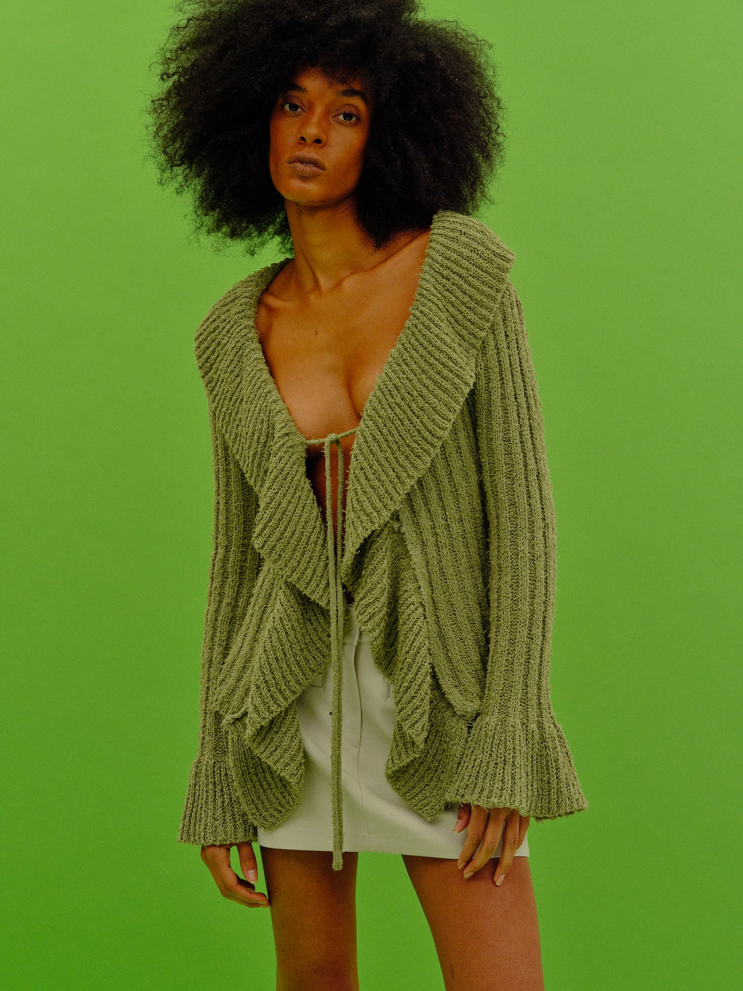 Ruffle Open Knit Cardigan, Olive