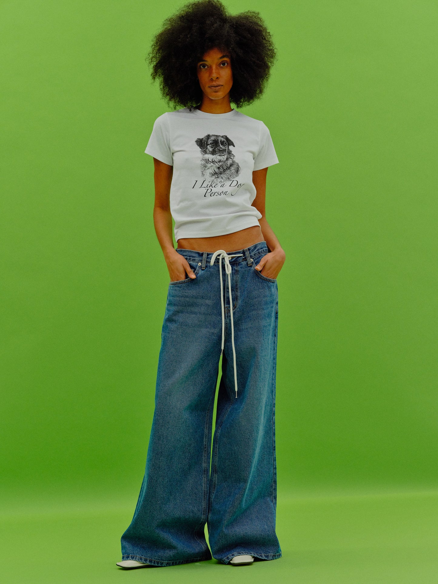 Drawstring Wide Jeans, Blue