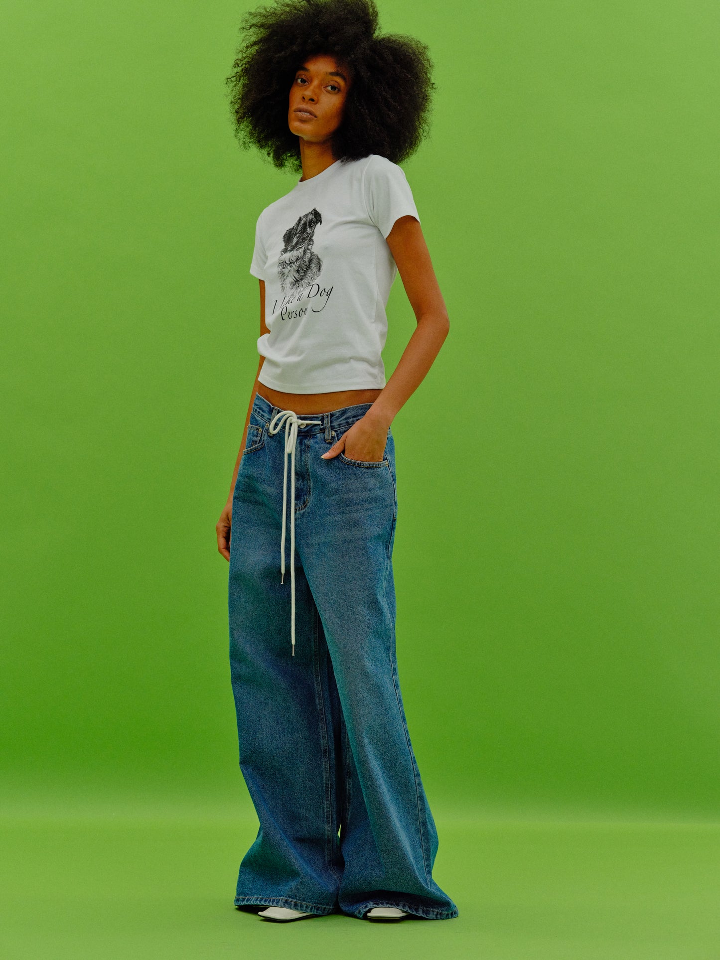 Drawstring Wide Jeans, Blue