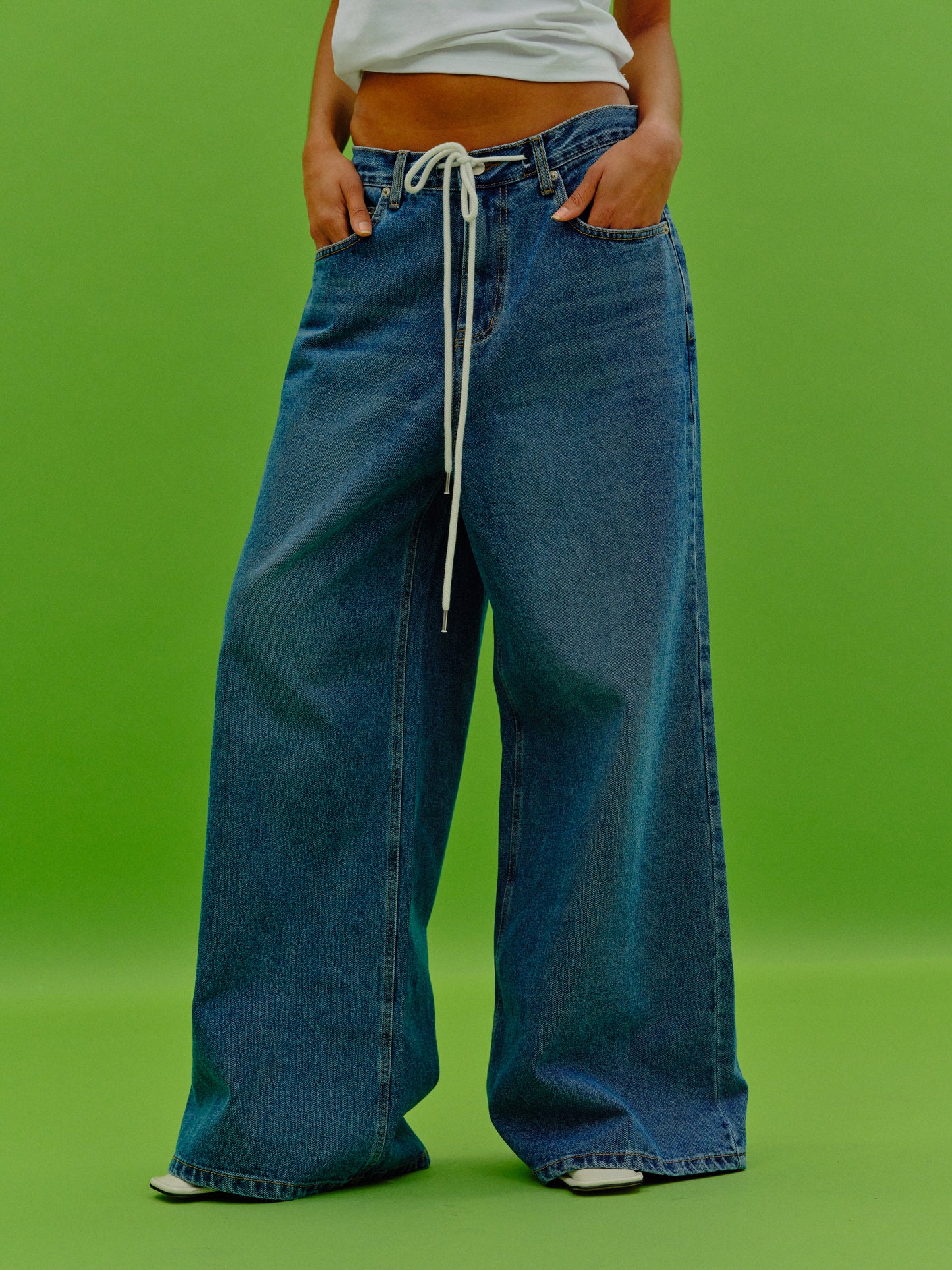 Drawstring Wide Jeans, Blue