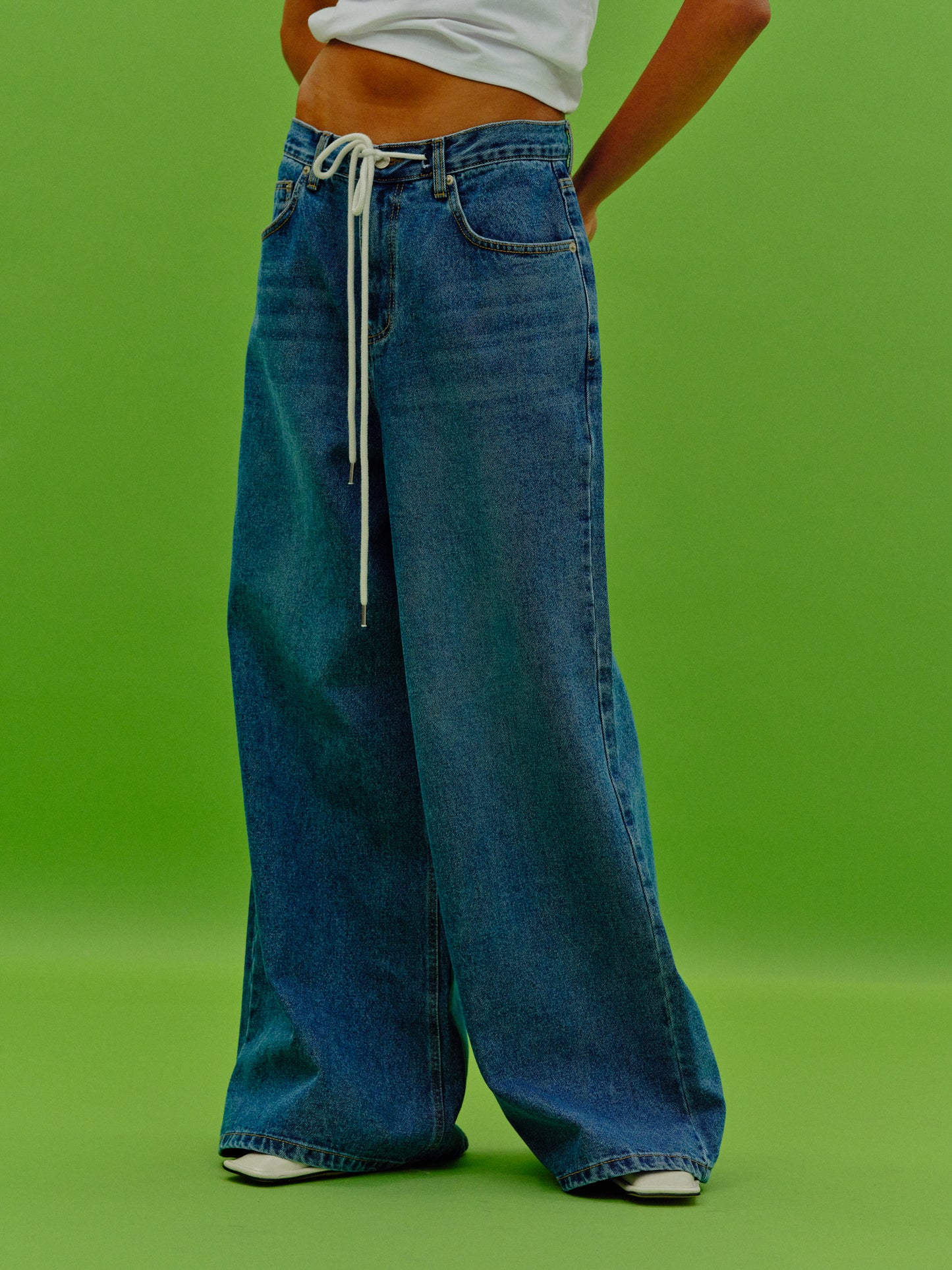 Drawstring Wide Jeans, Blue