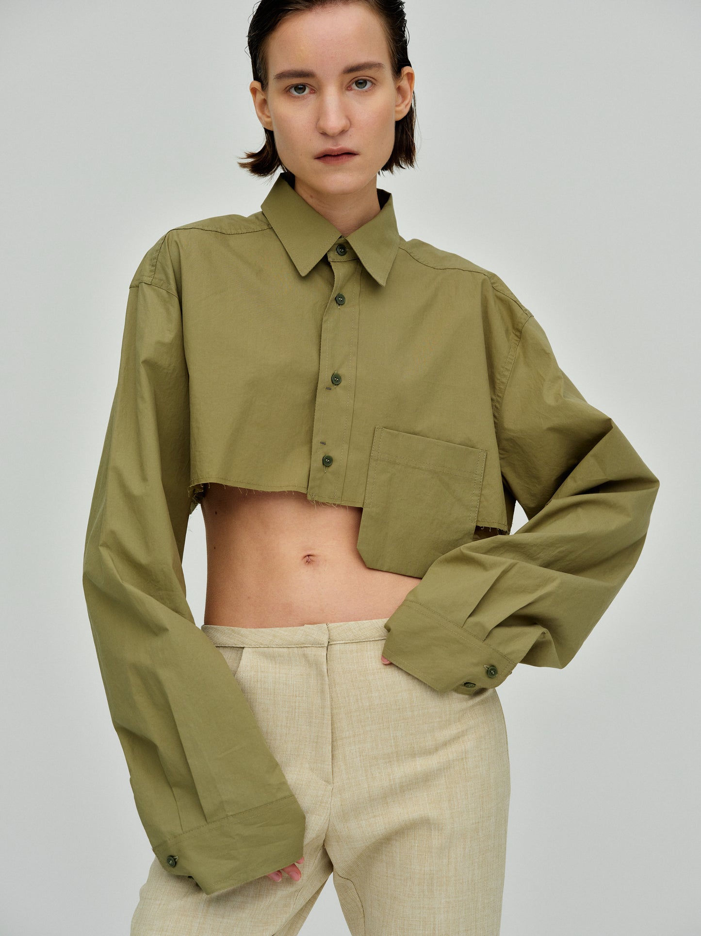 Boxy Cropped Shirt, Khaki