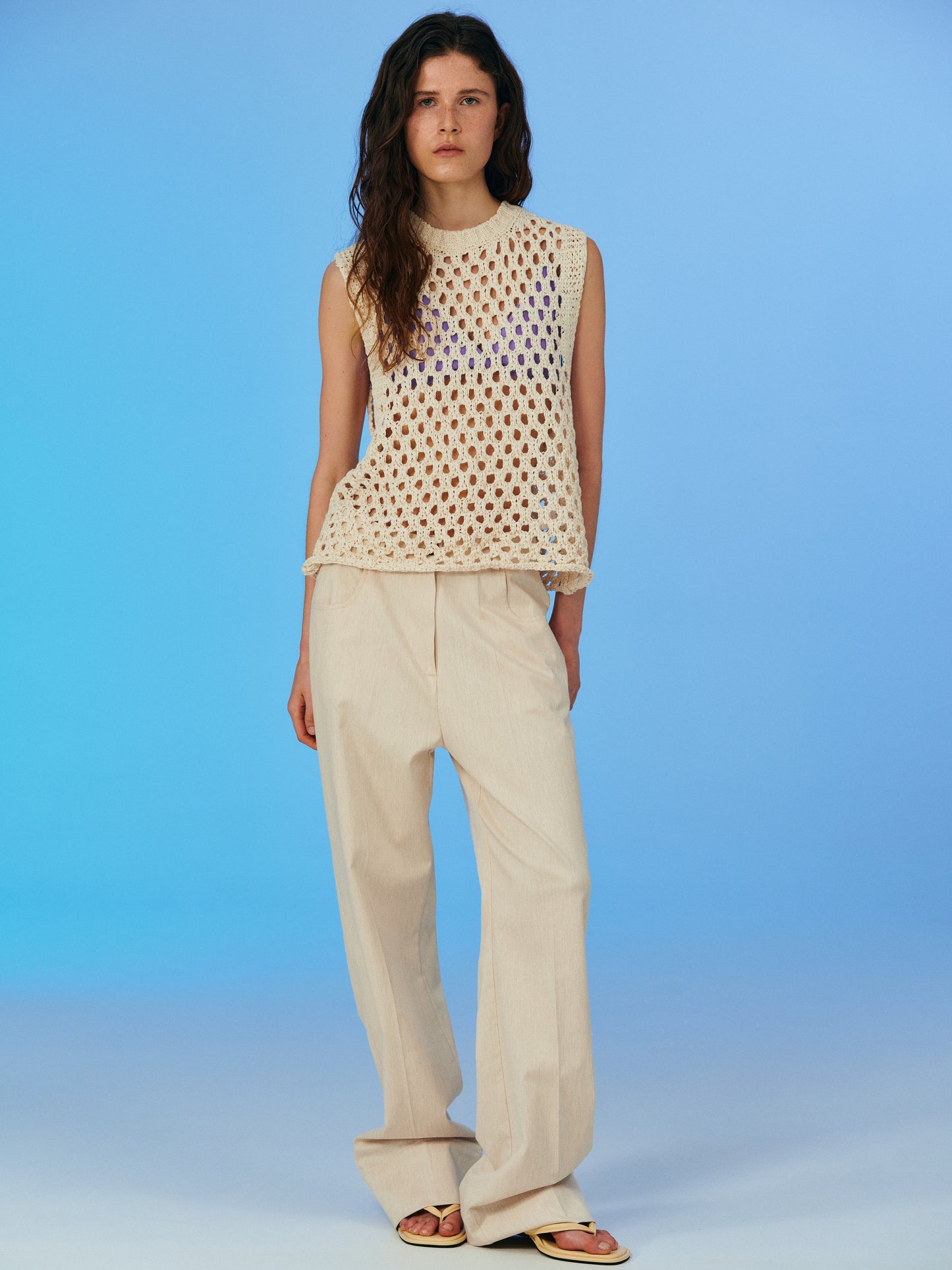 Open Crochet Knit Vest, Ecru
