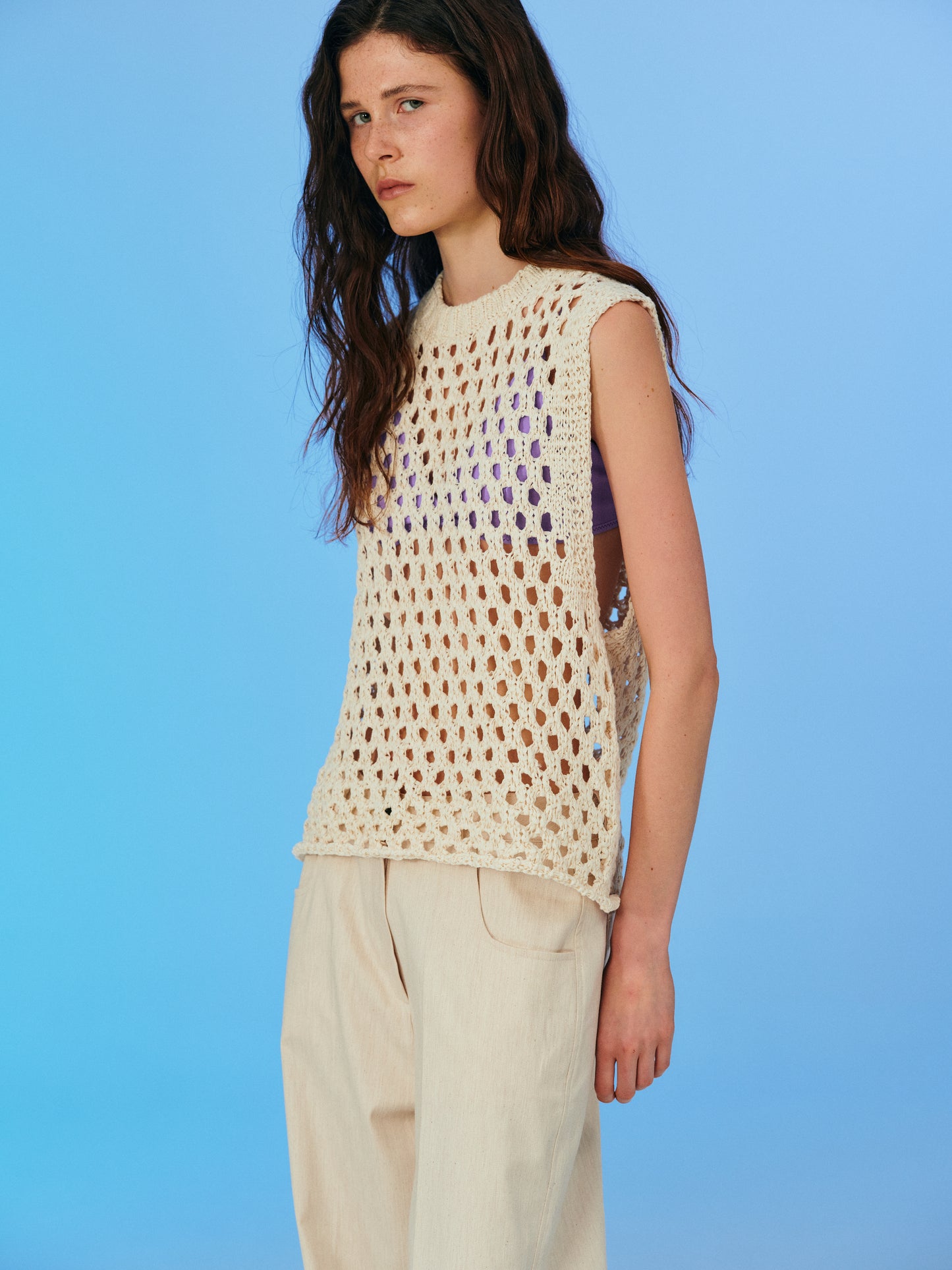 Open Crochet Knit Vest, Ecru