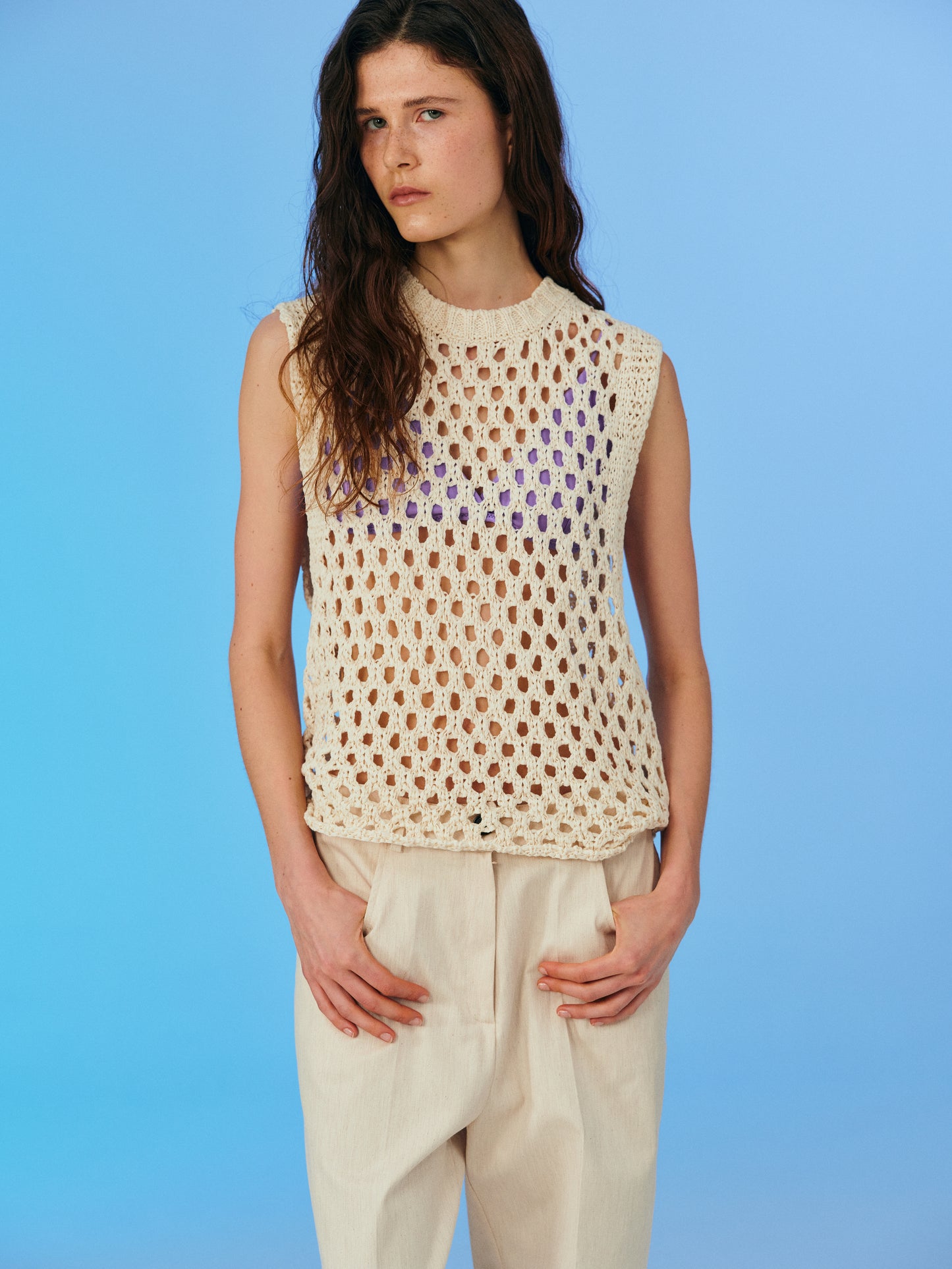 Open Crochet Knit Vest, Ecru