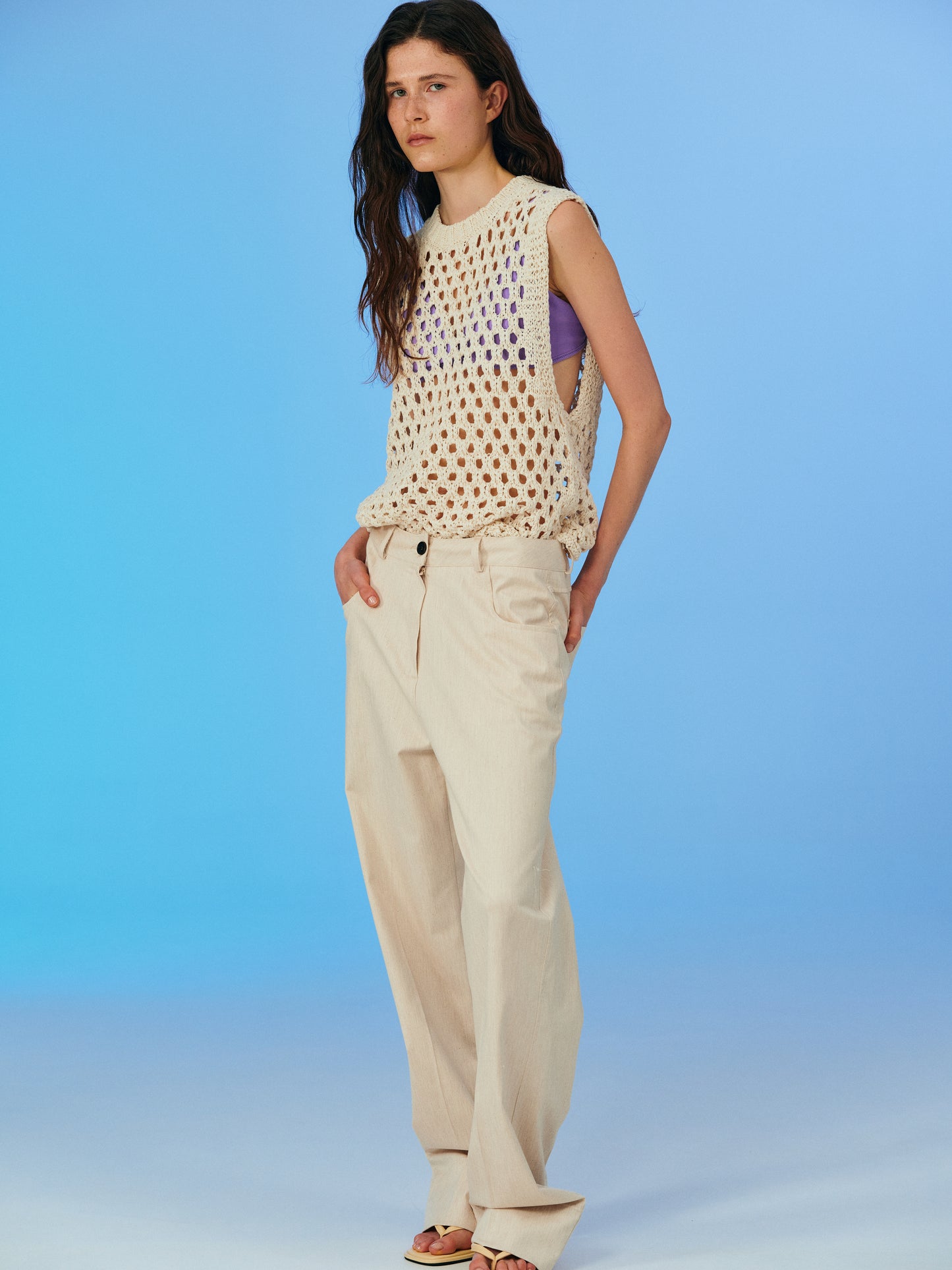 Open Crochet Knit Vest, Ecru