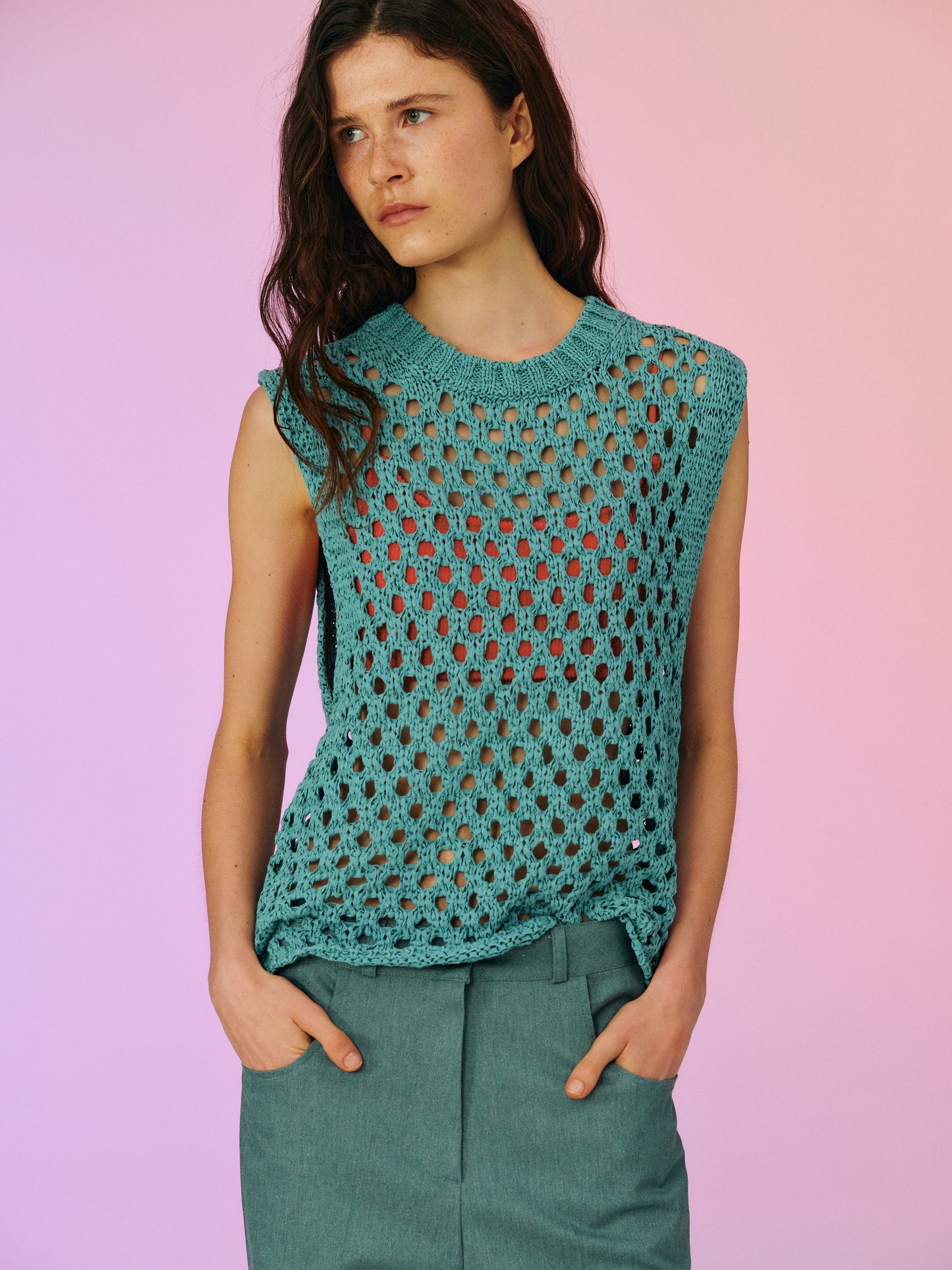 Open Crochet Knit Vest, Pine Green