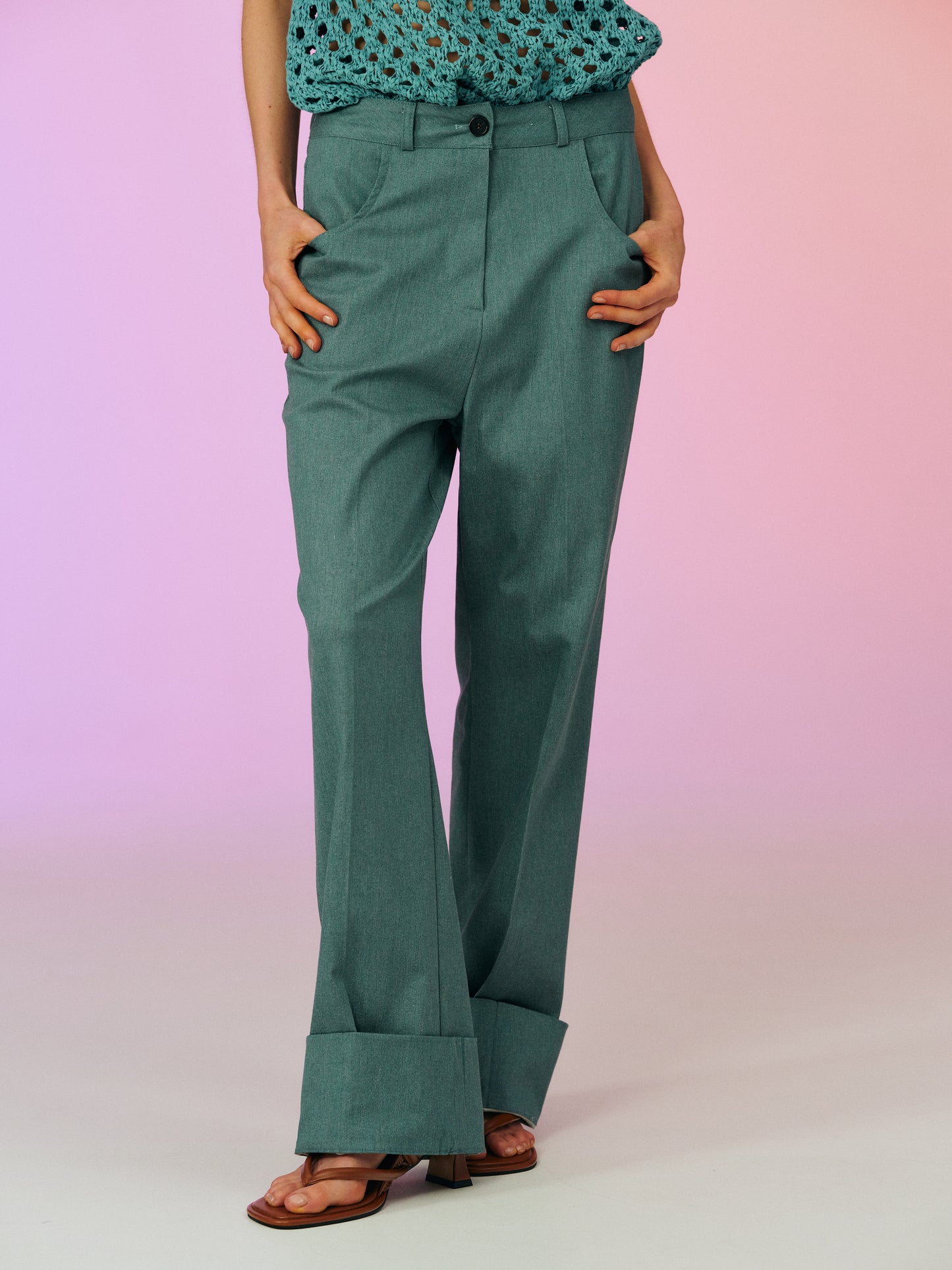 Turn Up Cuffs Cotton Trousers, Peale Green