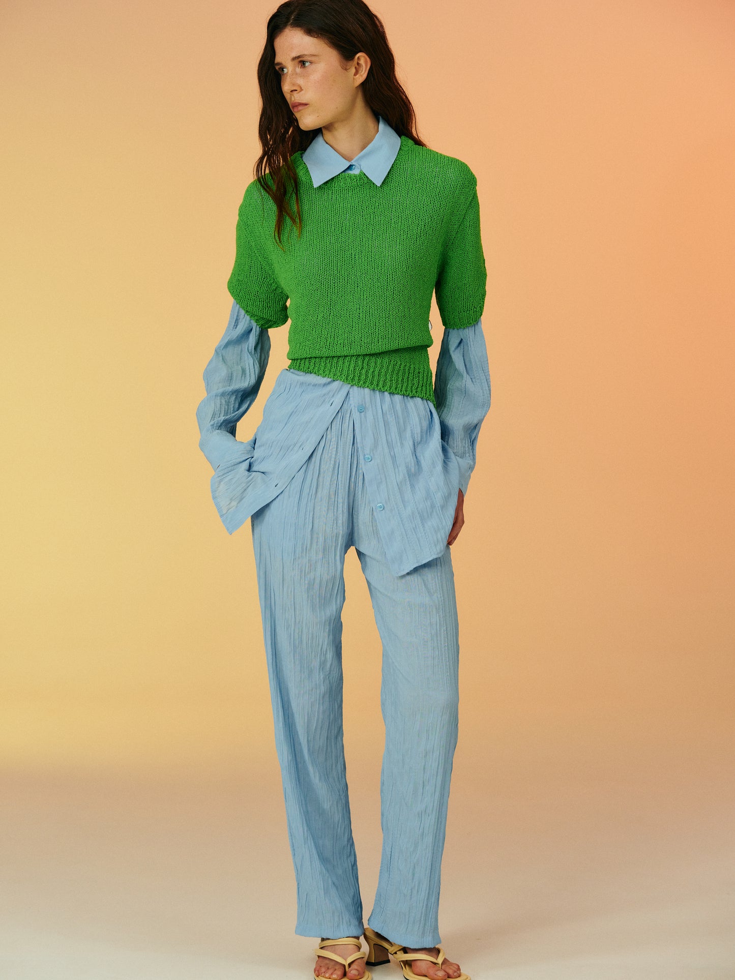 Crinkled Garment-Pleated Pants, Sky Blue