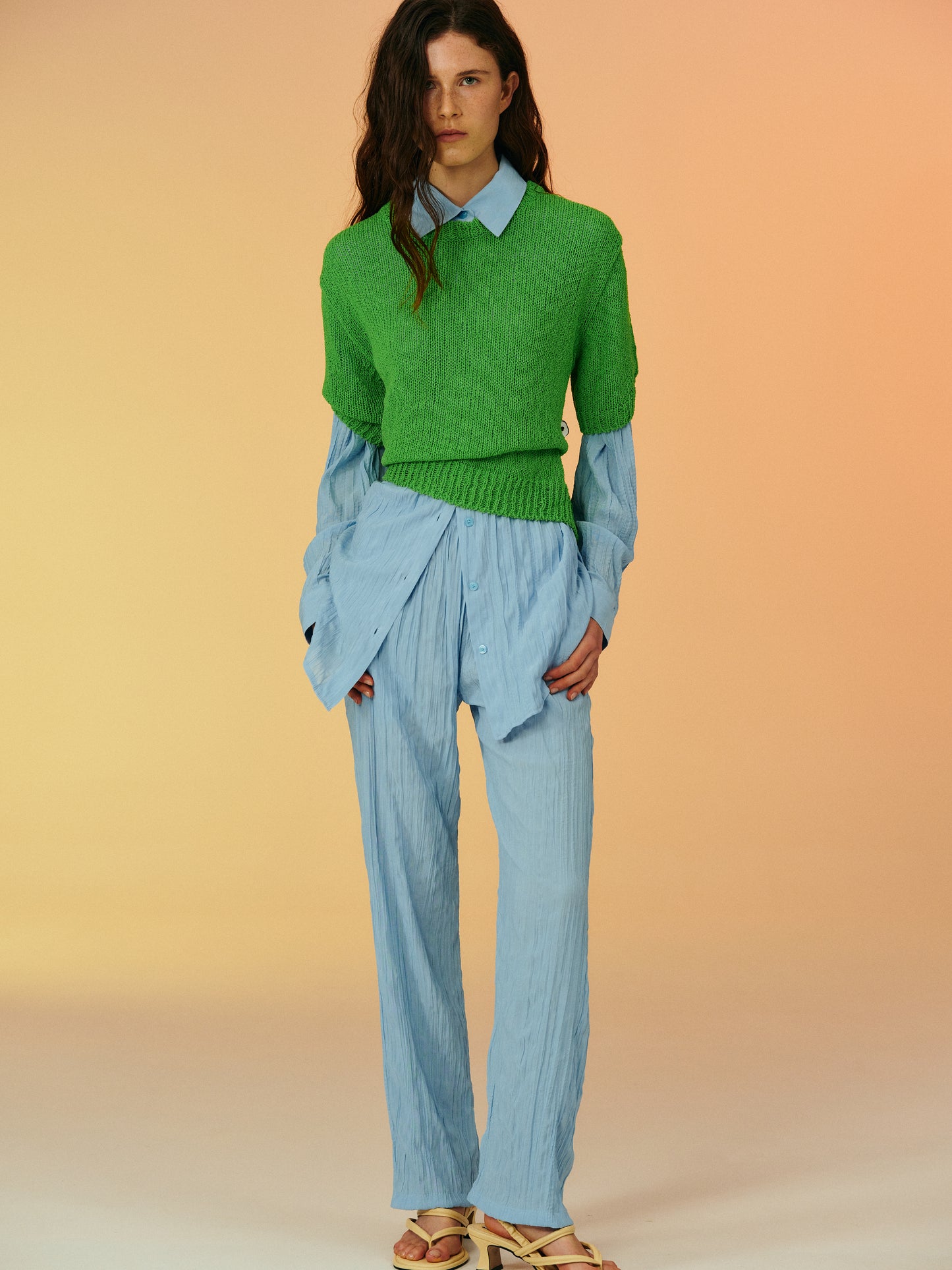 Crinkled Garment-Pleated Shirt, Sky Blue