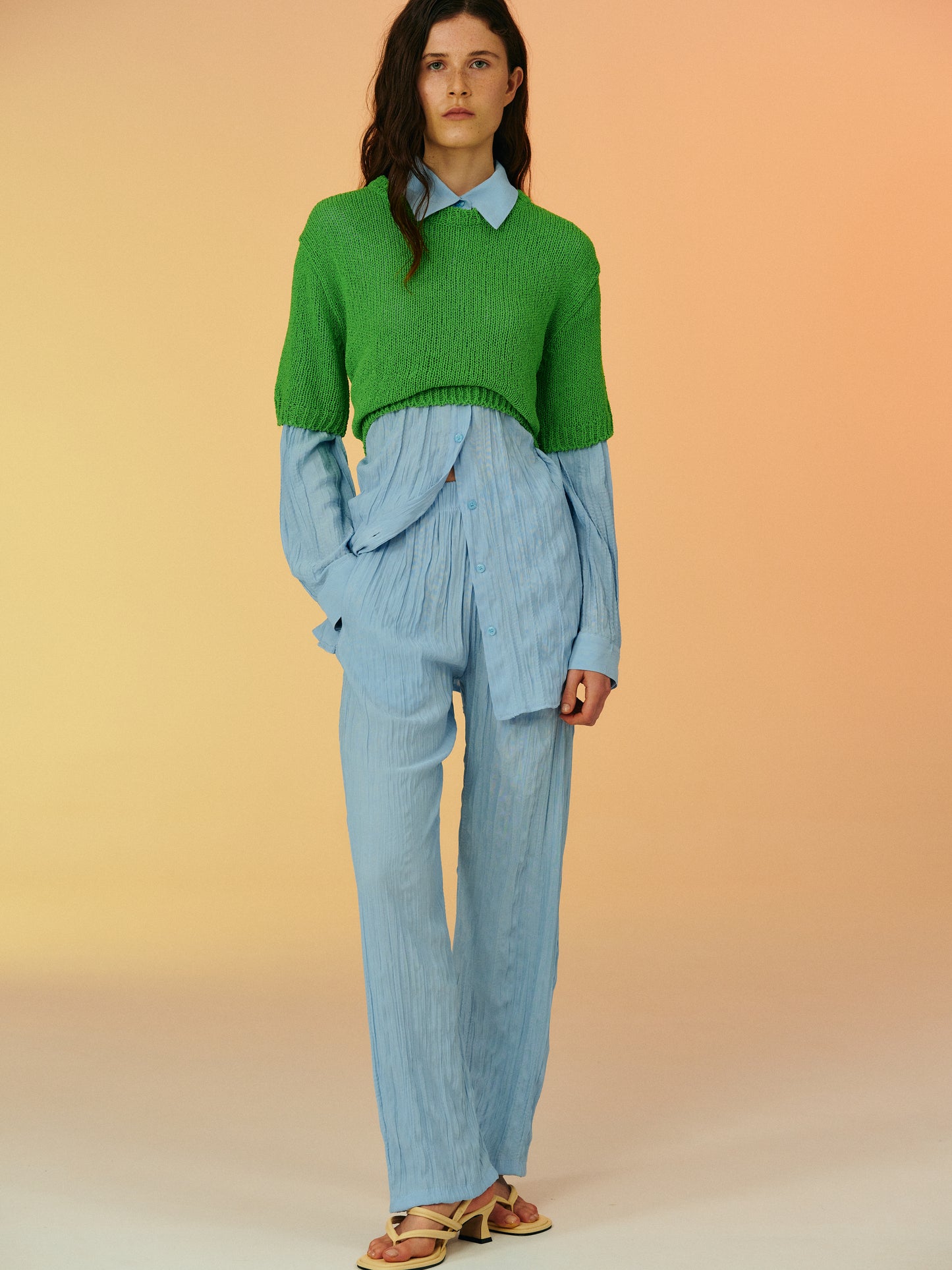 Crinkled Garment-Pleated Shirt, Sky Blue