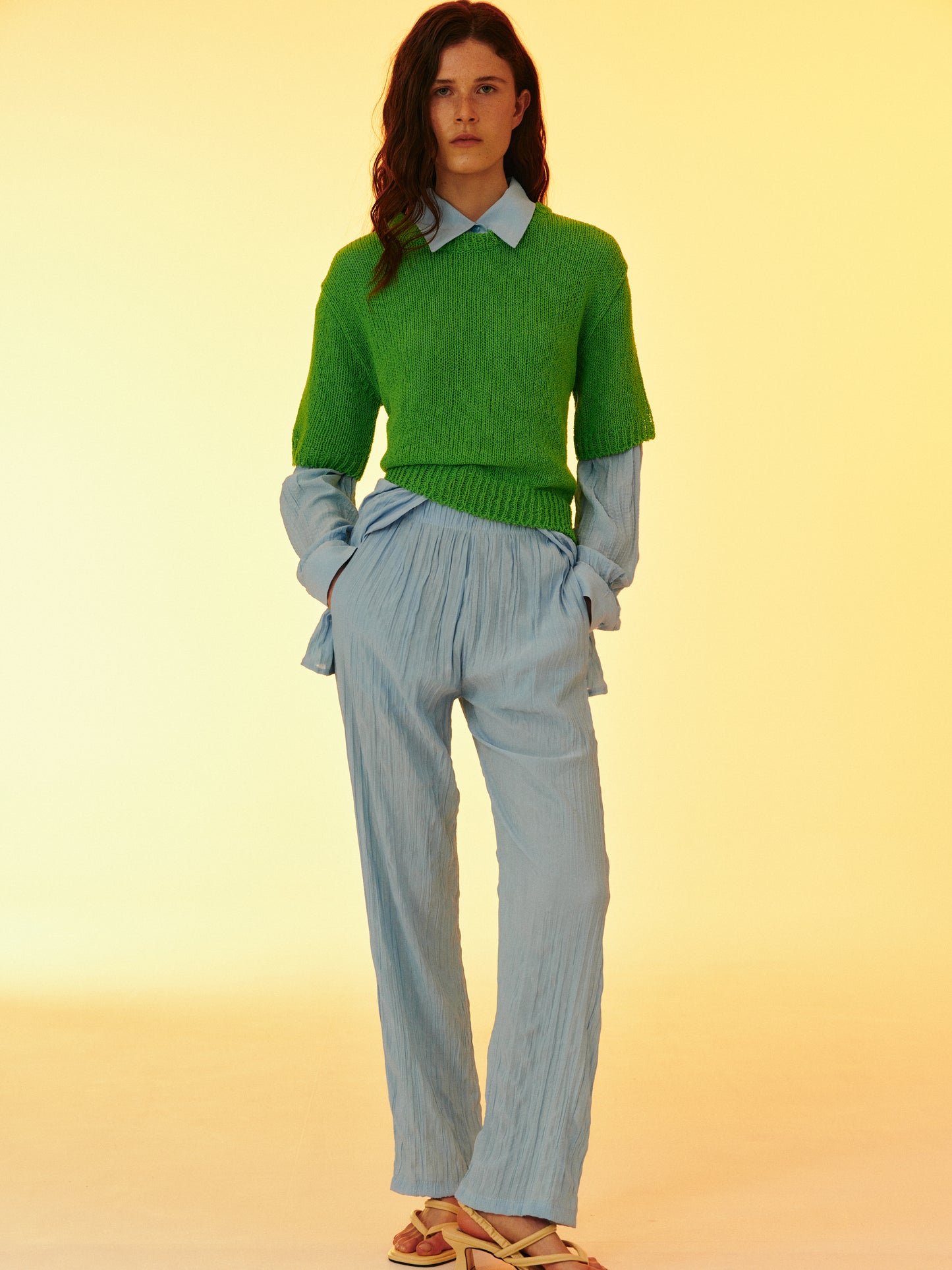 Crinkled Garment-Pleated Pants, Sky Blue