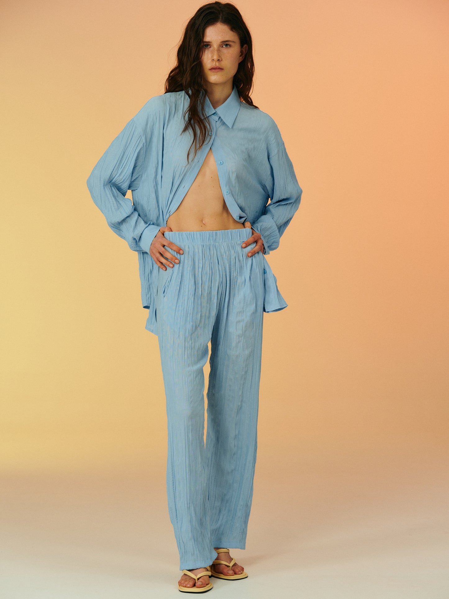 Crinkled Garment-Pleated Shirt, Sky Blue