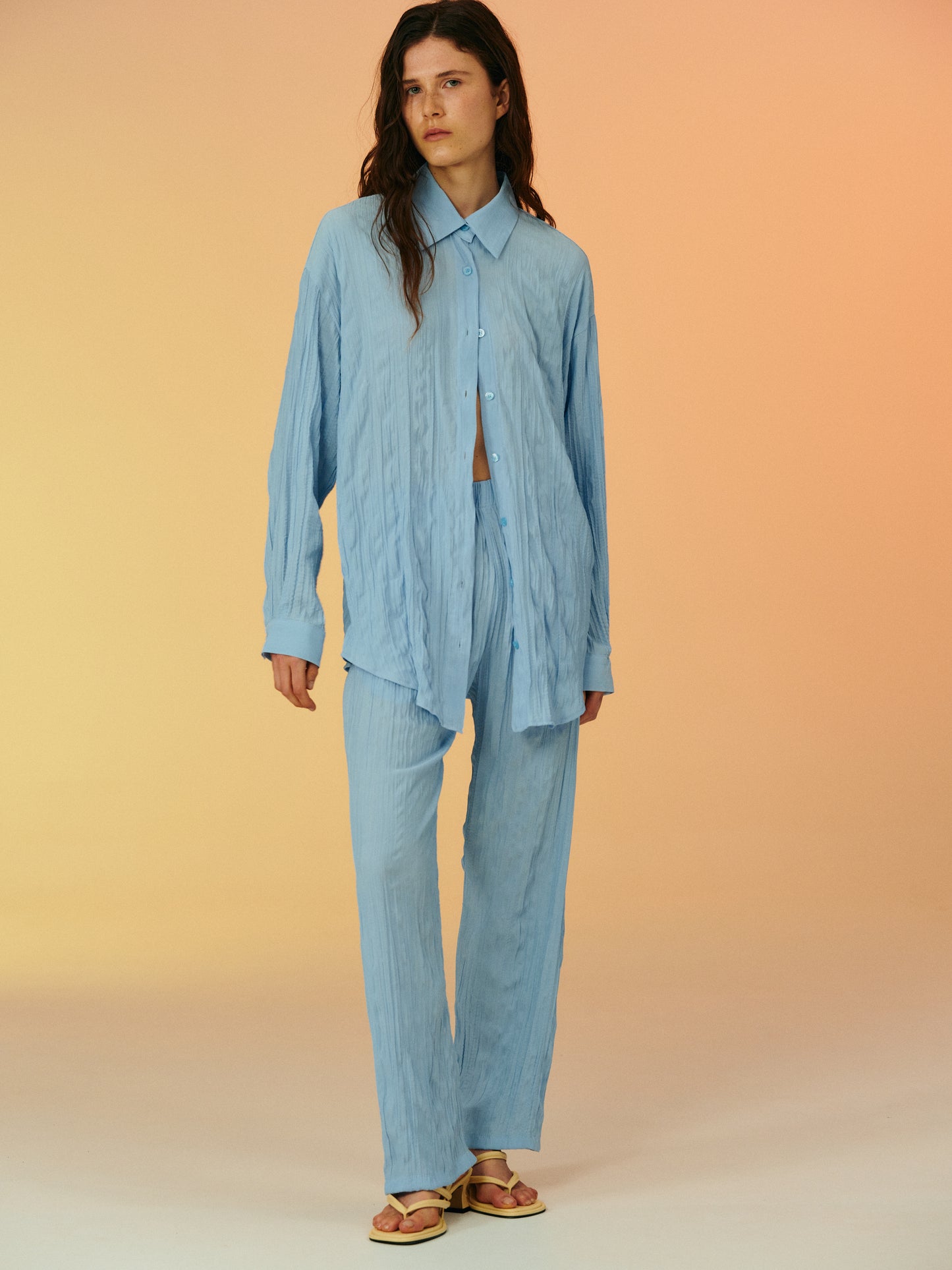 Crinkled Garment-Pleated Shirt, Sky Blue