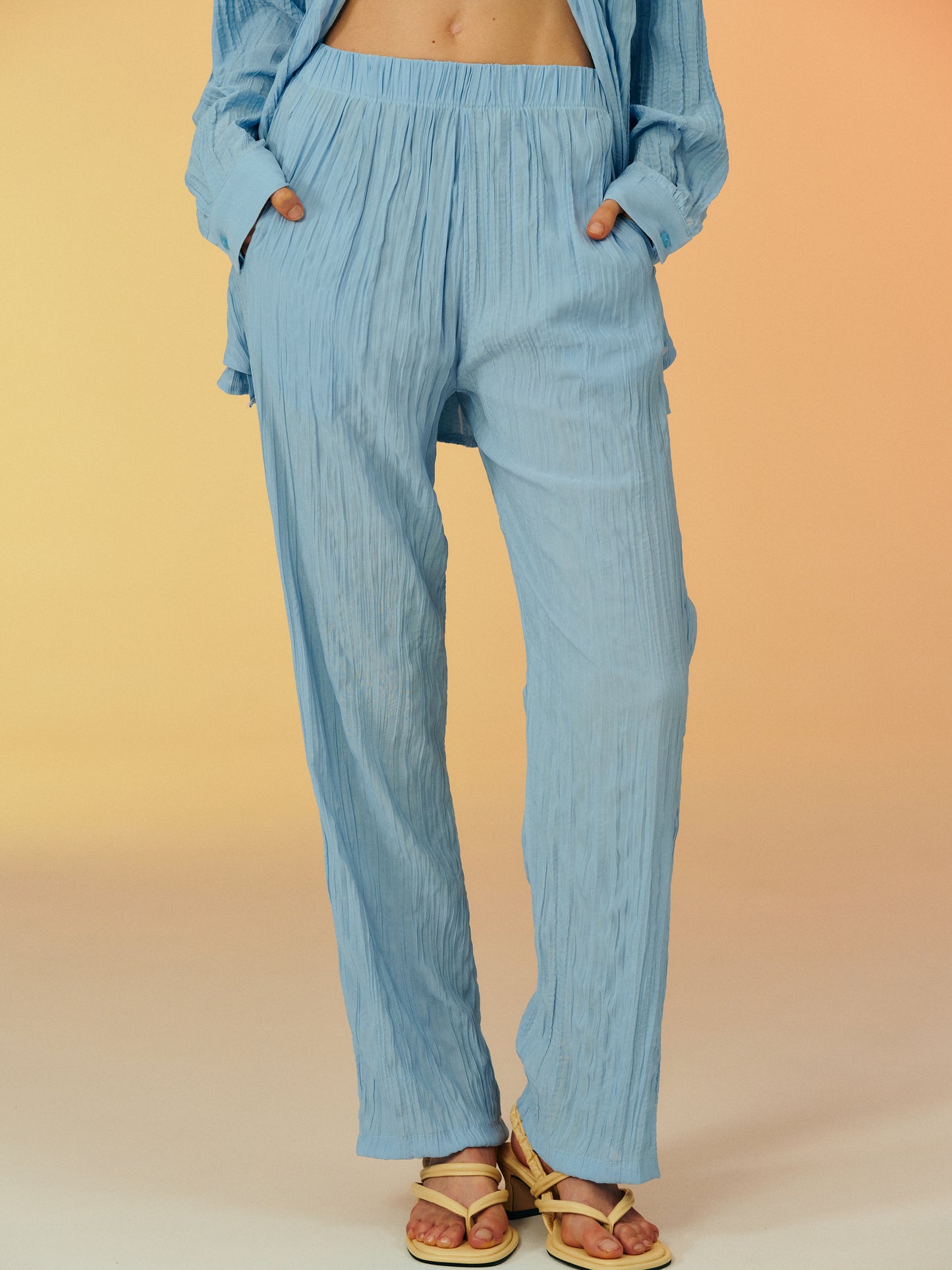 Crinkled Garment-Pleated Pants, Sky Blue