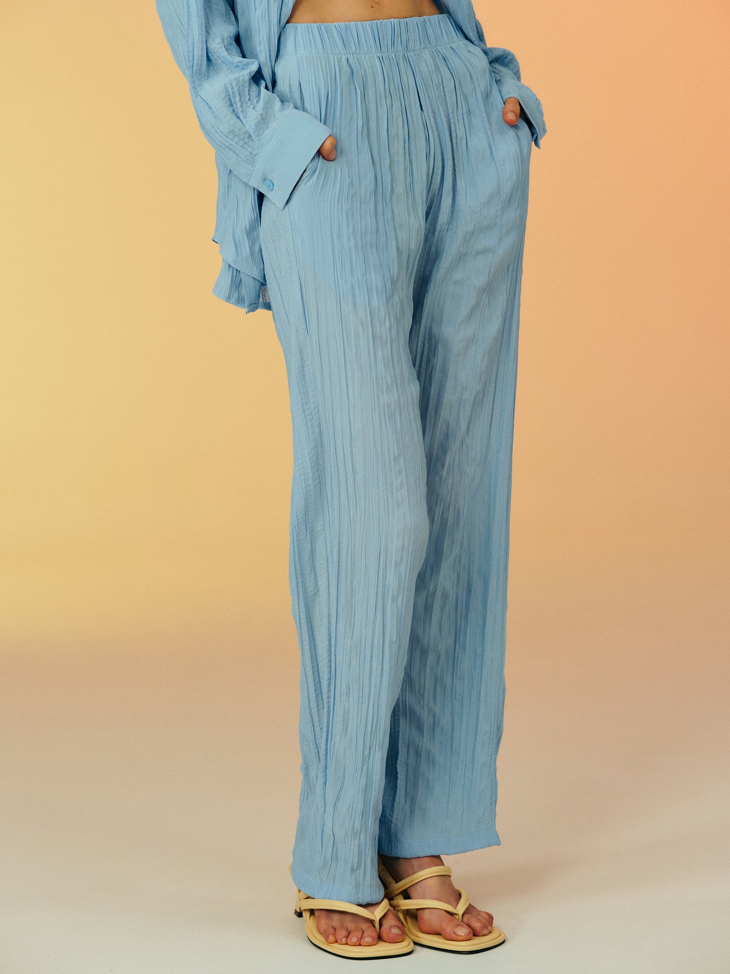 Crinkled Garment-Pleated Pants, Sky Blue