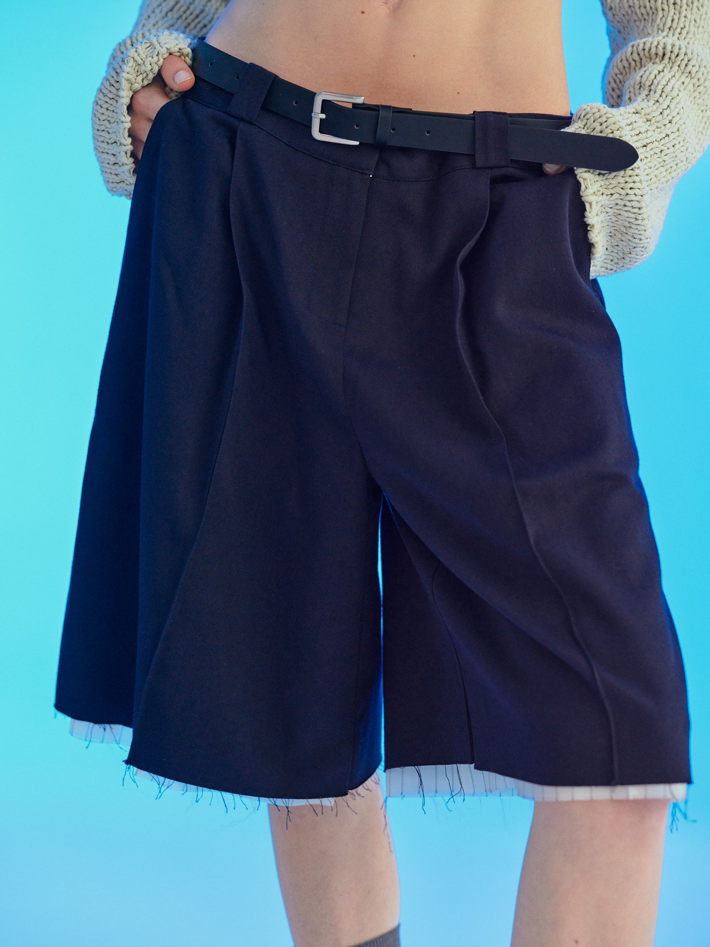 Belted Layer Bermuda Shorts, Dark Navy