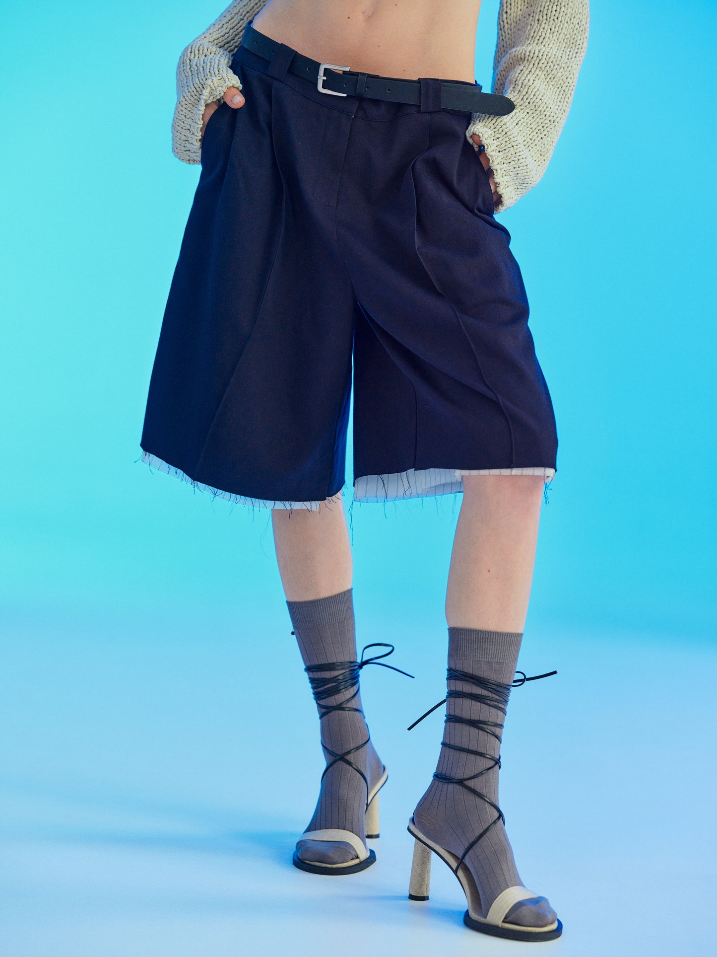 Belted Layer Bermuda Shorts, Dark Navy
