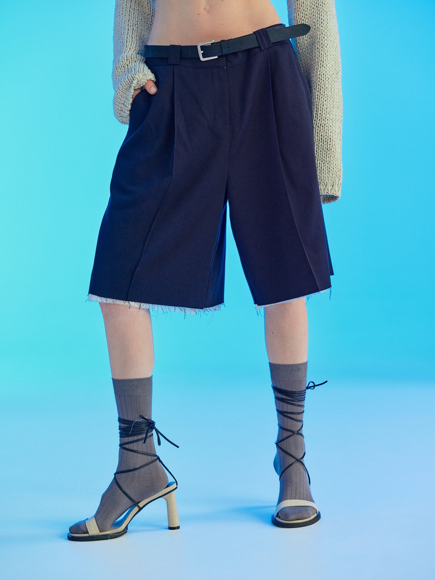 Belted Layer Bermuda Shorts, Dark Navy