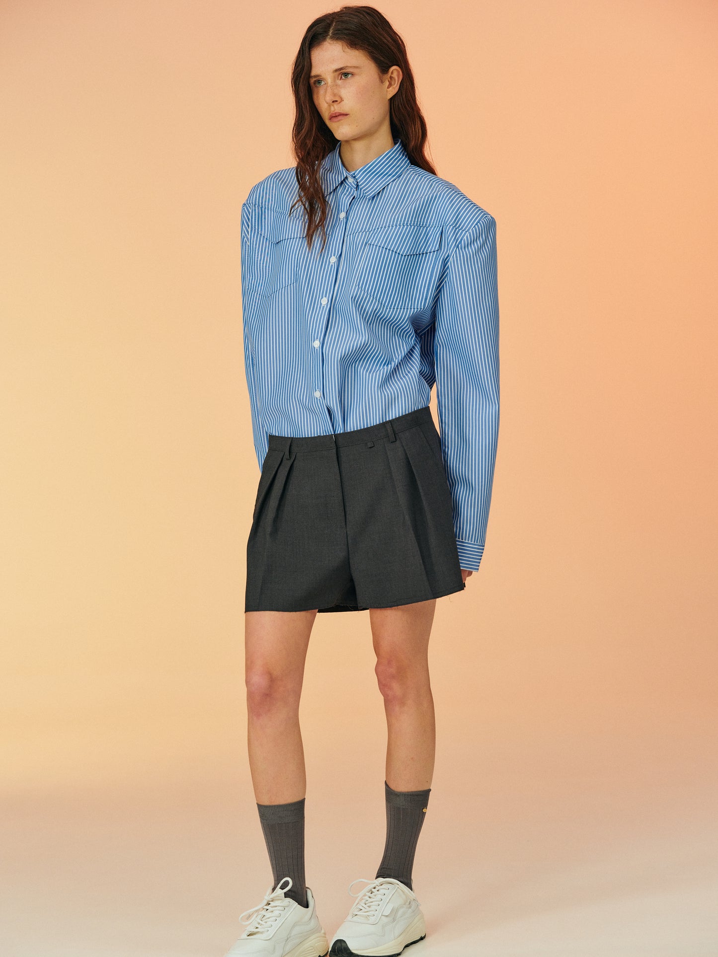 Padded Shoulder Pinstripe Shirt, Blue