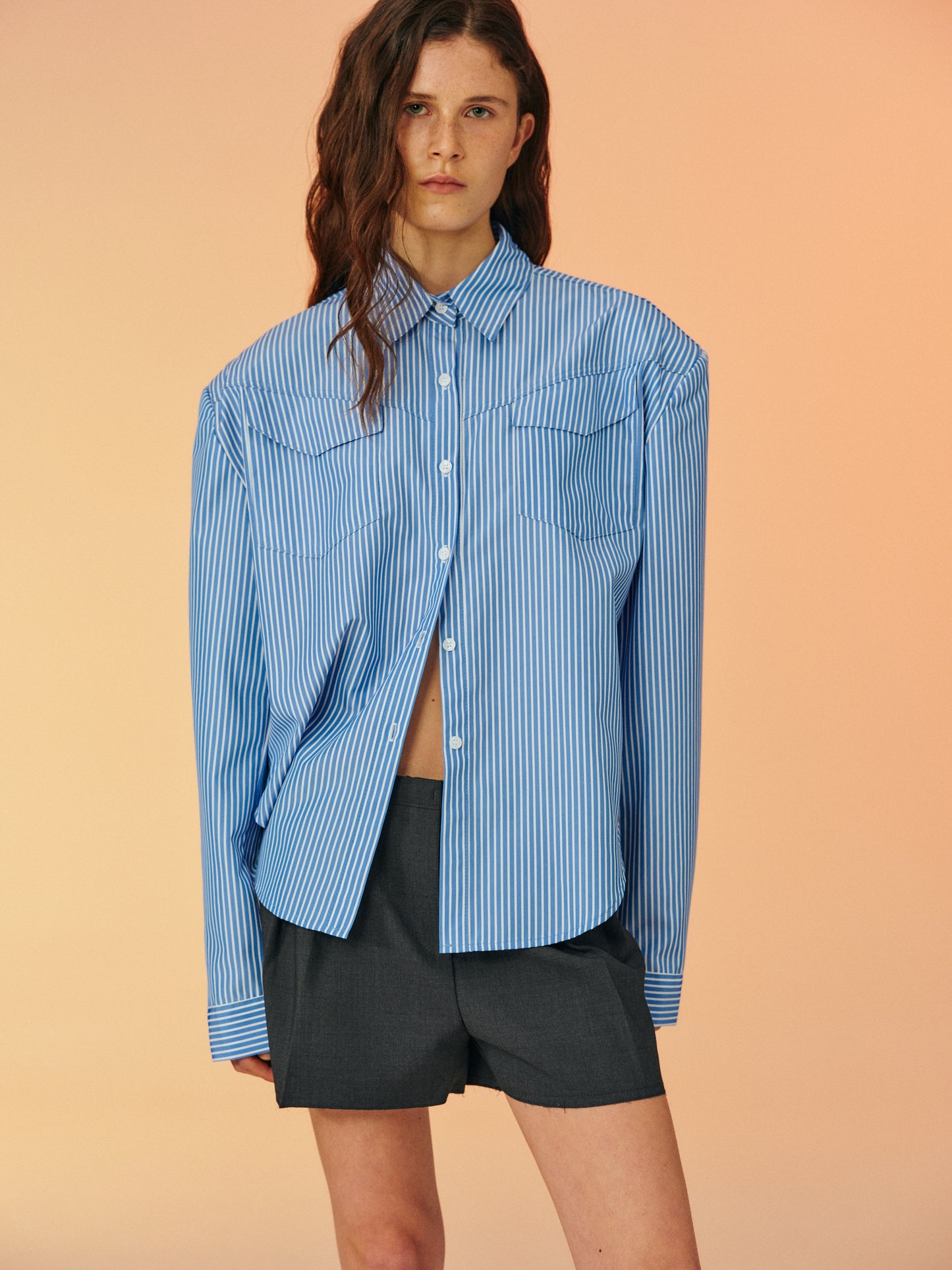 Padded Shoulder Pinstripe Shirt, Blue