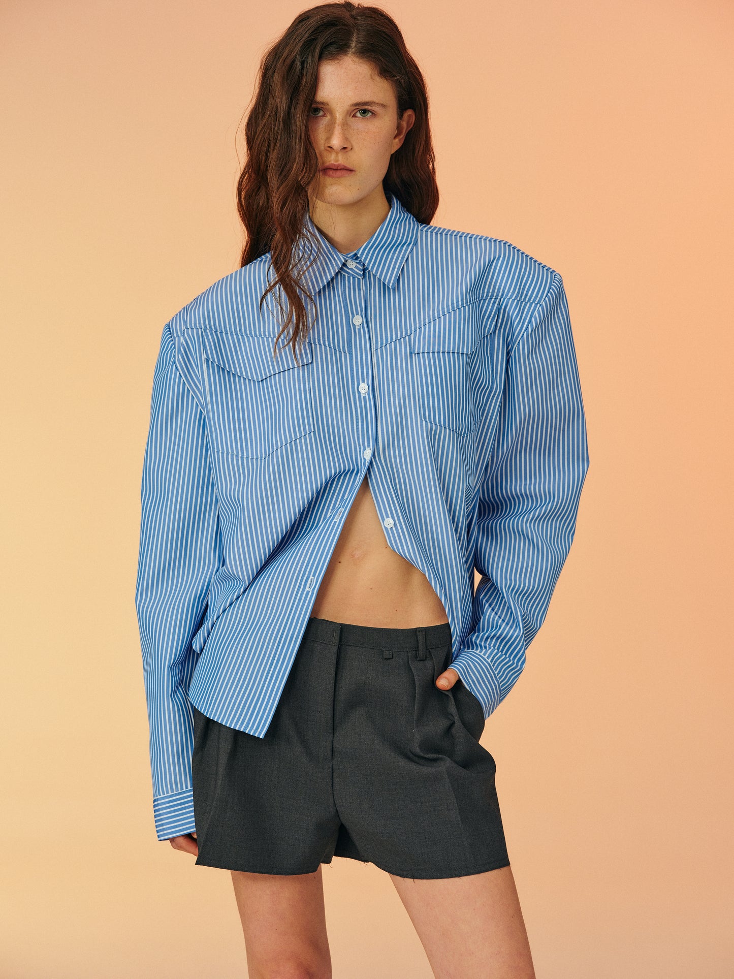 Padded Shoulder Pinstripe Shirt, Blue