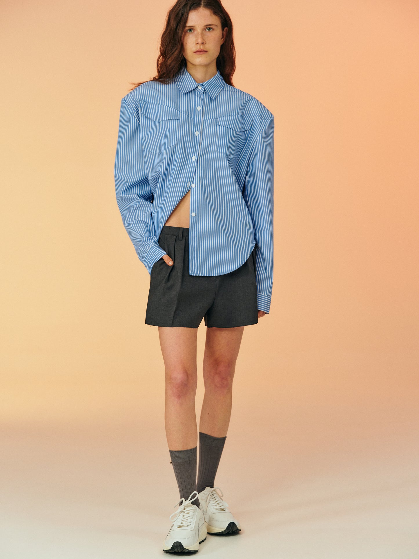 Padded Shoulder Pinstripe Shirt, Blue