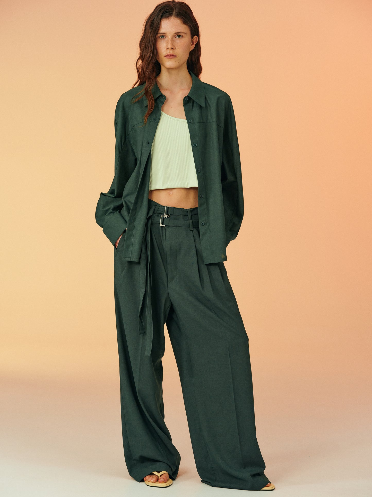 Double Belted Wide Trousers, Peale Green