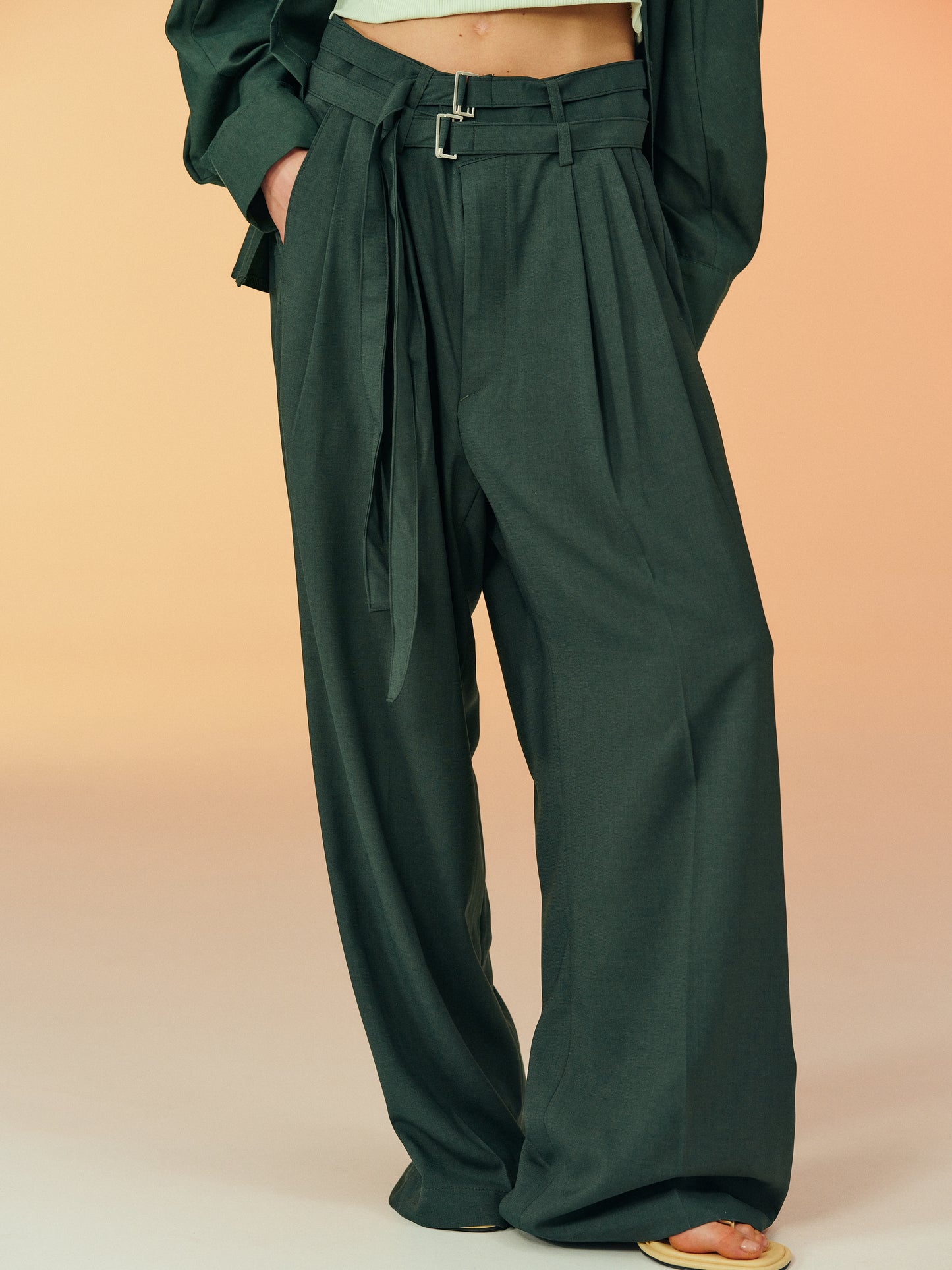 Double Belted Wide Trousers, Peale Green