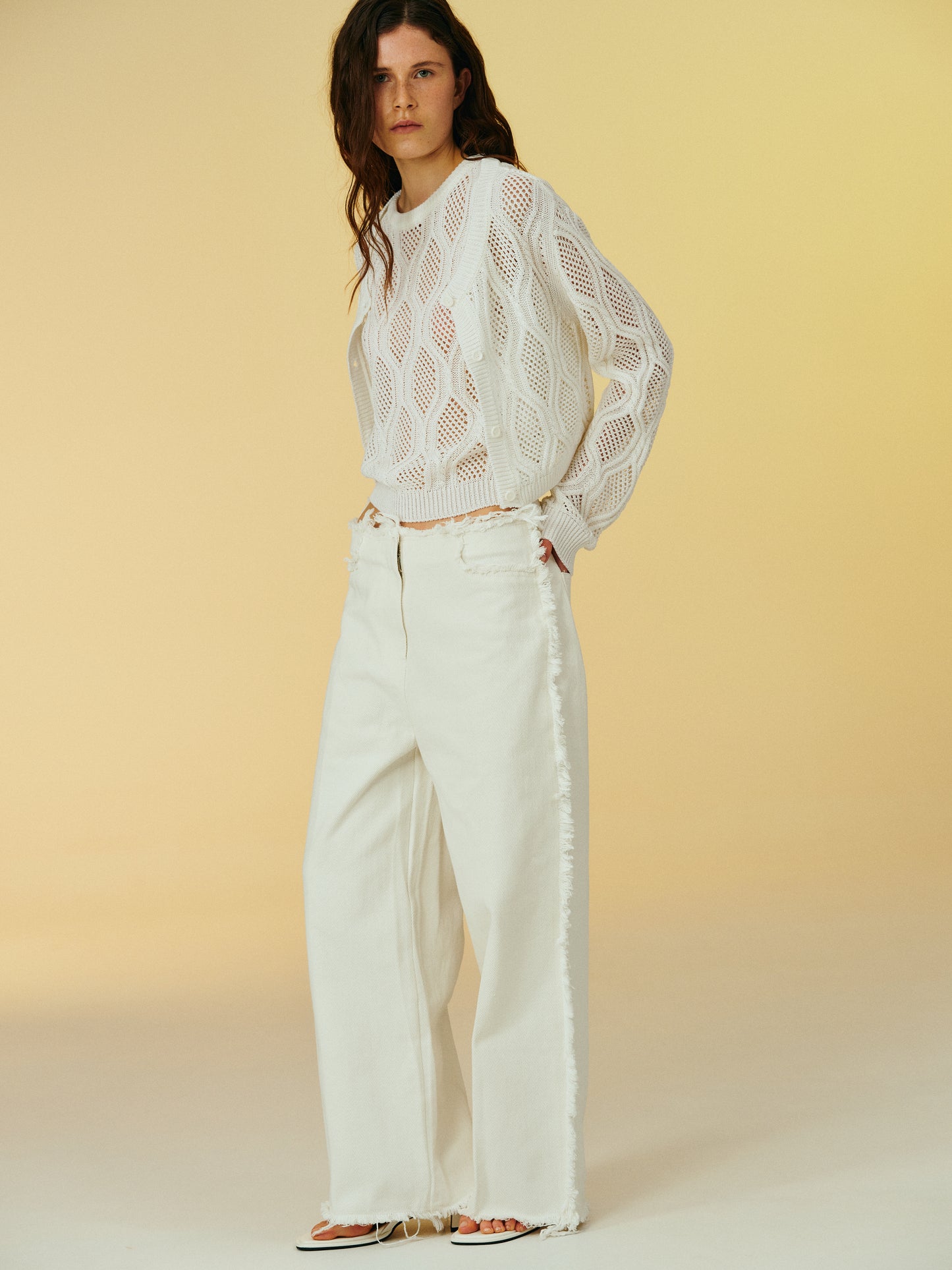Fringed Wide Cotton Pants, Ivory