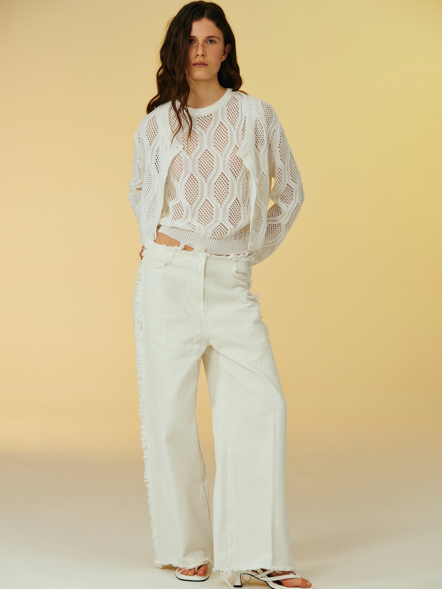 Fringed Wide Cotton Pants, Ivory